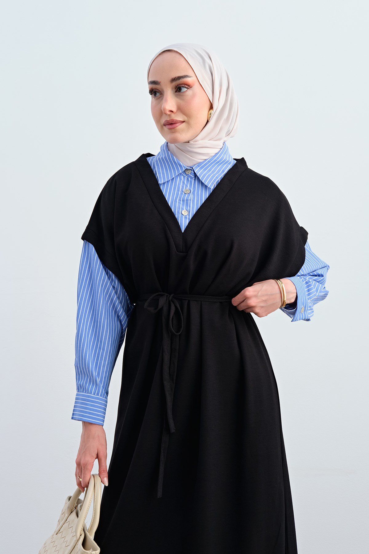 Çizgili Gömlek Yaka Bel Bağlamalı Elbise Siyah