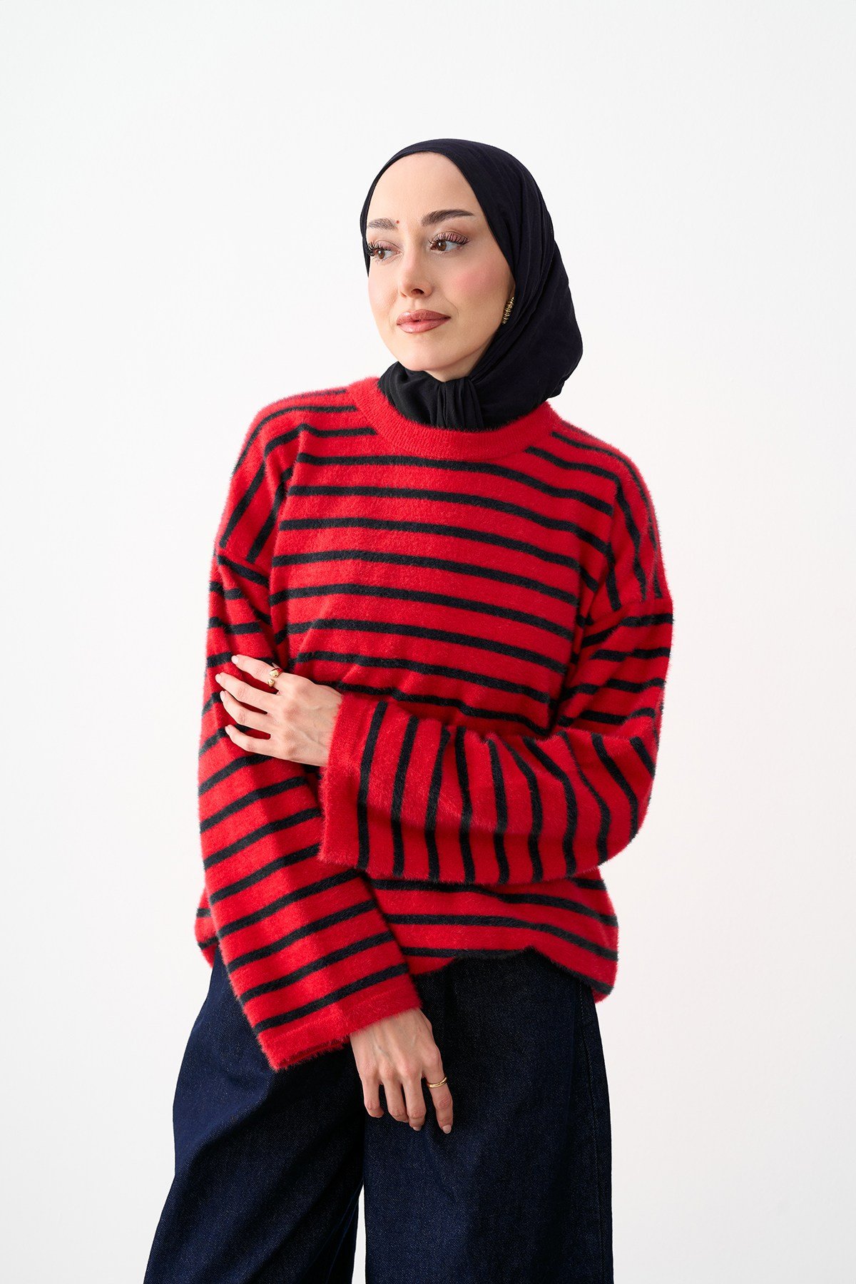 Çizgili Triko Tunik Kırmızı