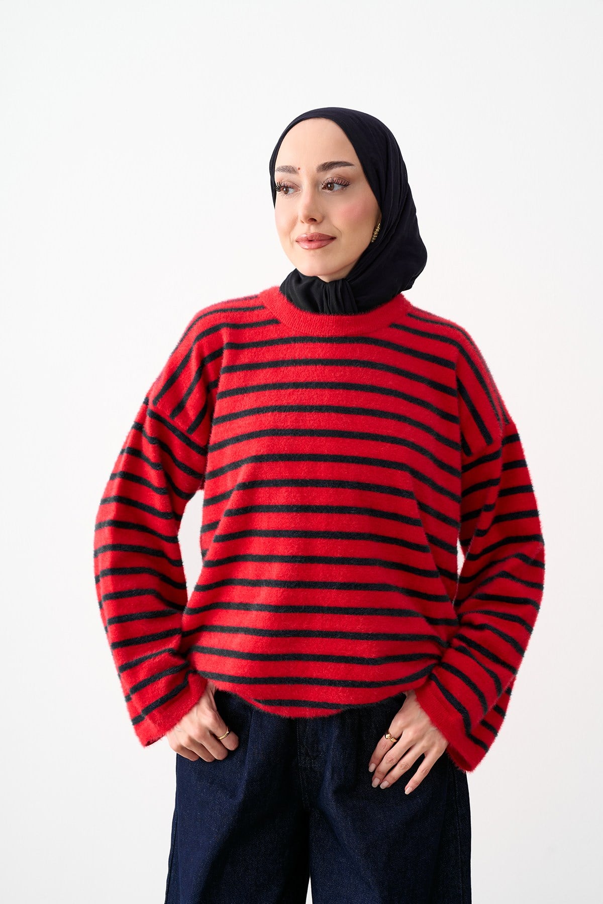 Çizgili Triko Tunik Kırmızı