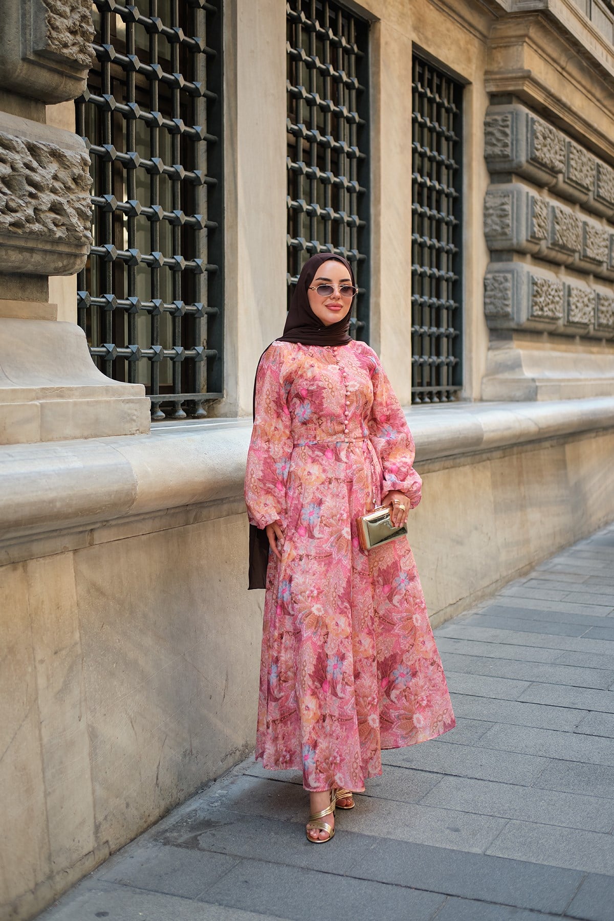 Çoban Düğmeli Çiçek Desenli İç Astarlı Elbise Pembe