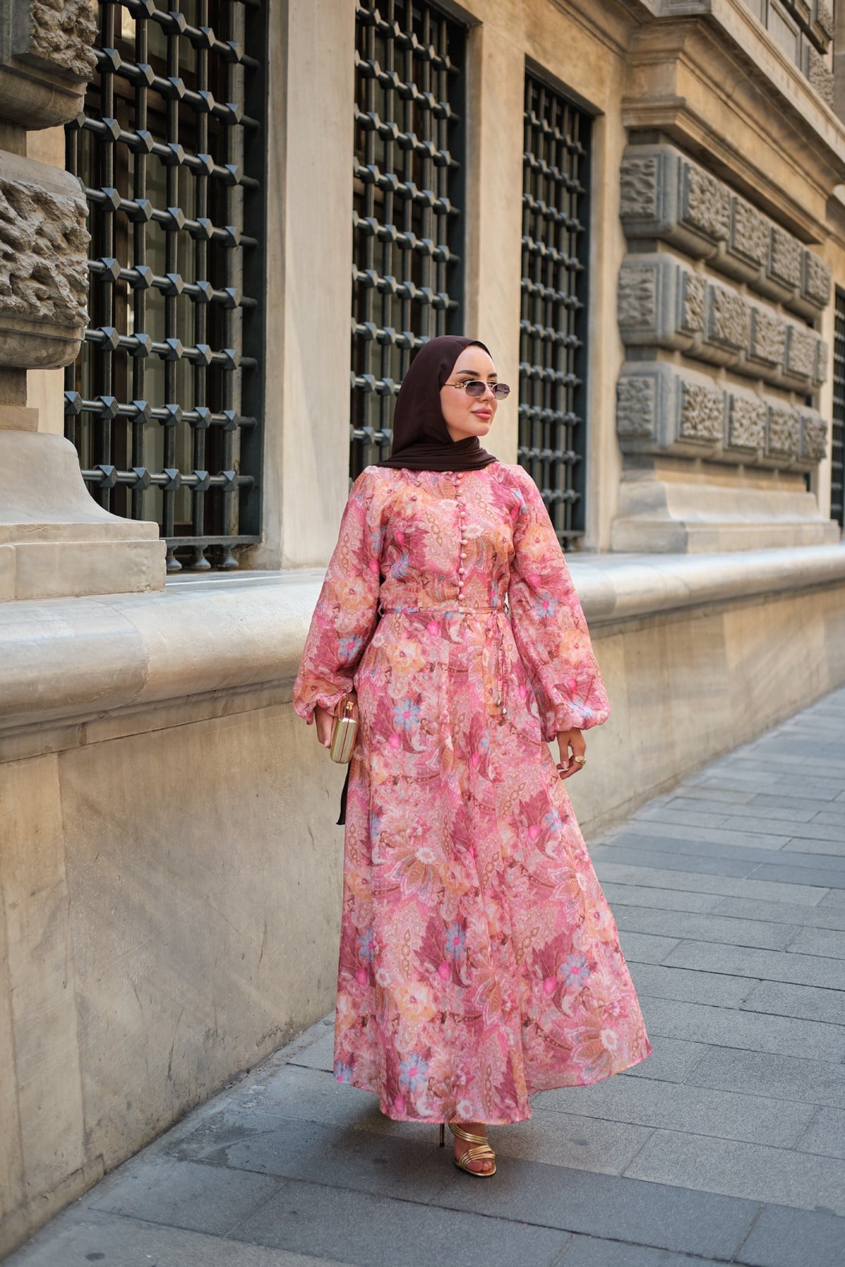 Çoban Düğmeli Çiçek Desenli İç Astarlı Elbise Pembe