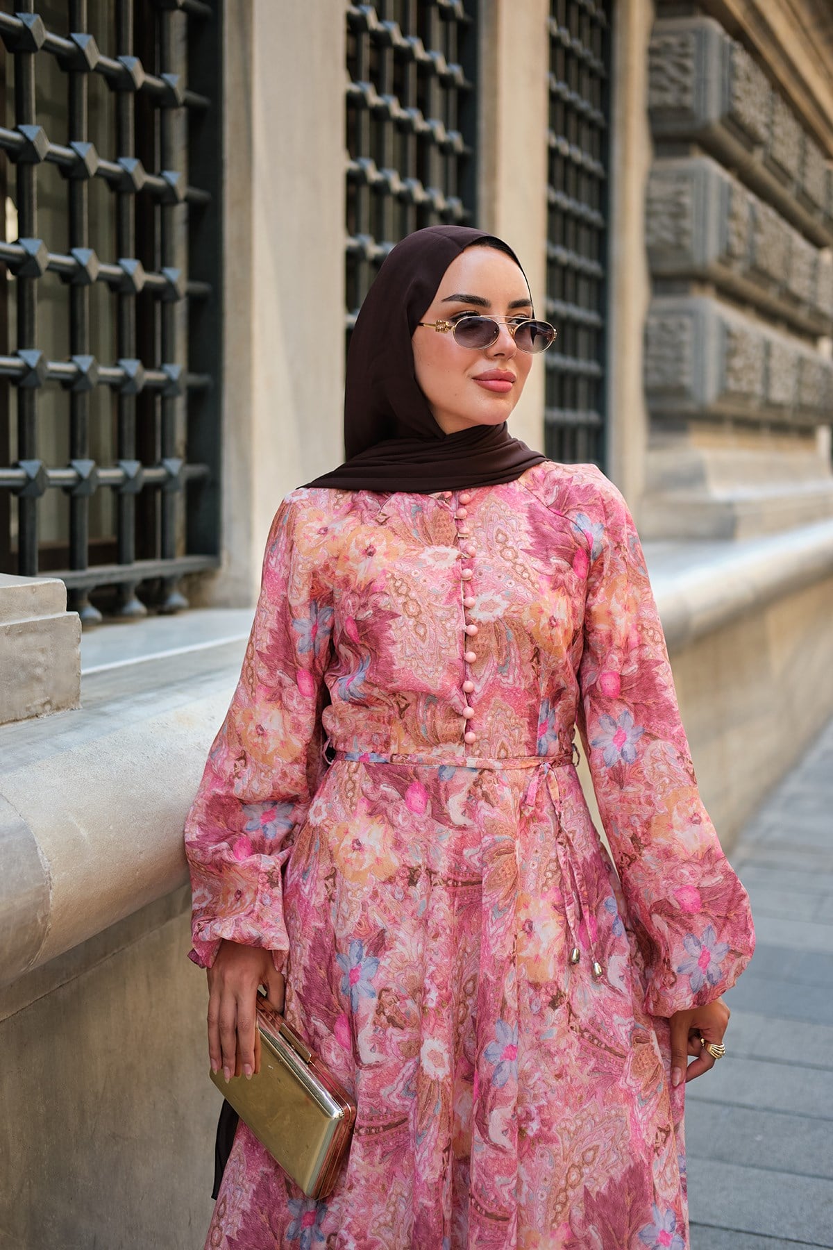Çoban Düğmeli Çiçek Desenli İç Astarlı Elbise Pembe