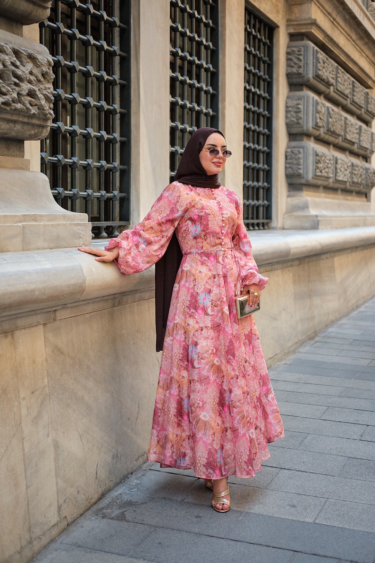 Çoban Düğmeli Çiçek Desenli İç Astarlı Elbise Pembe
