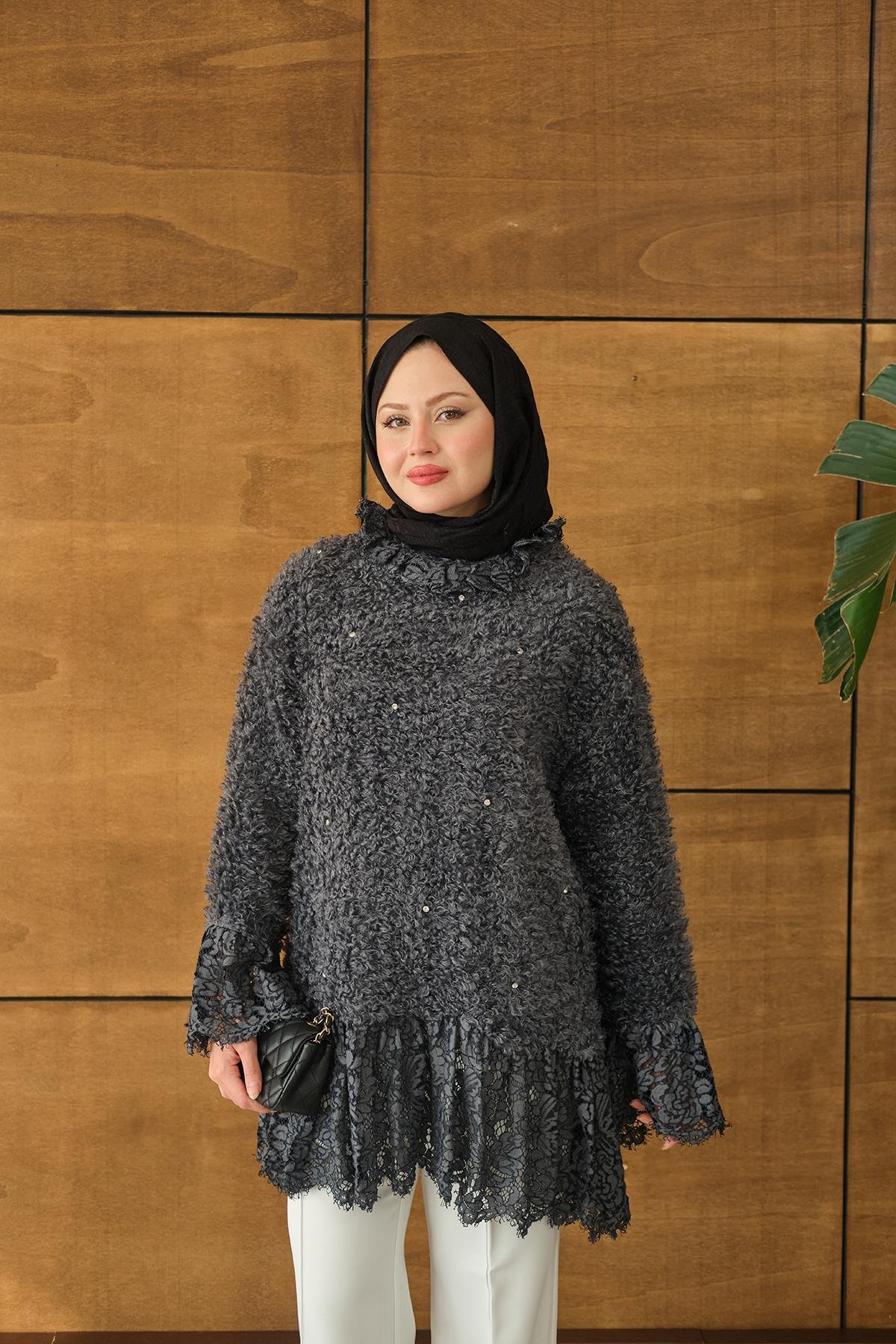 Dantel Detay Peluş Tunik Antrasit