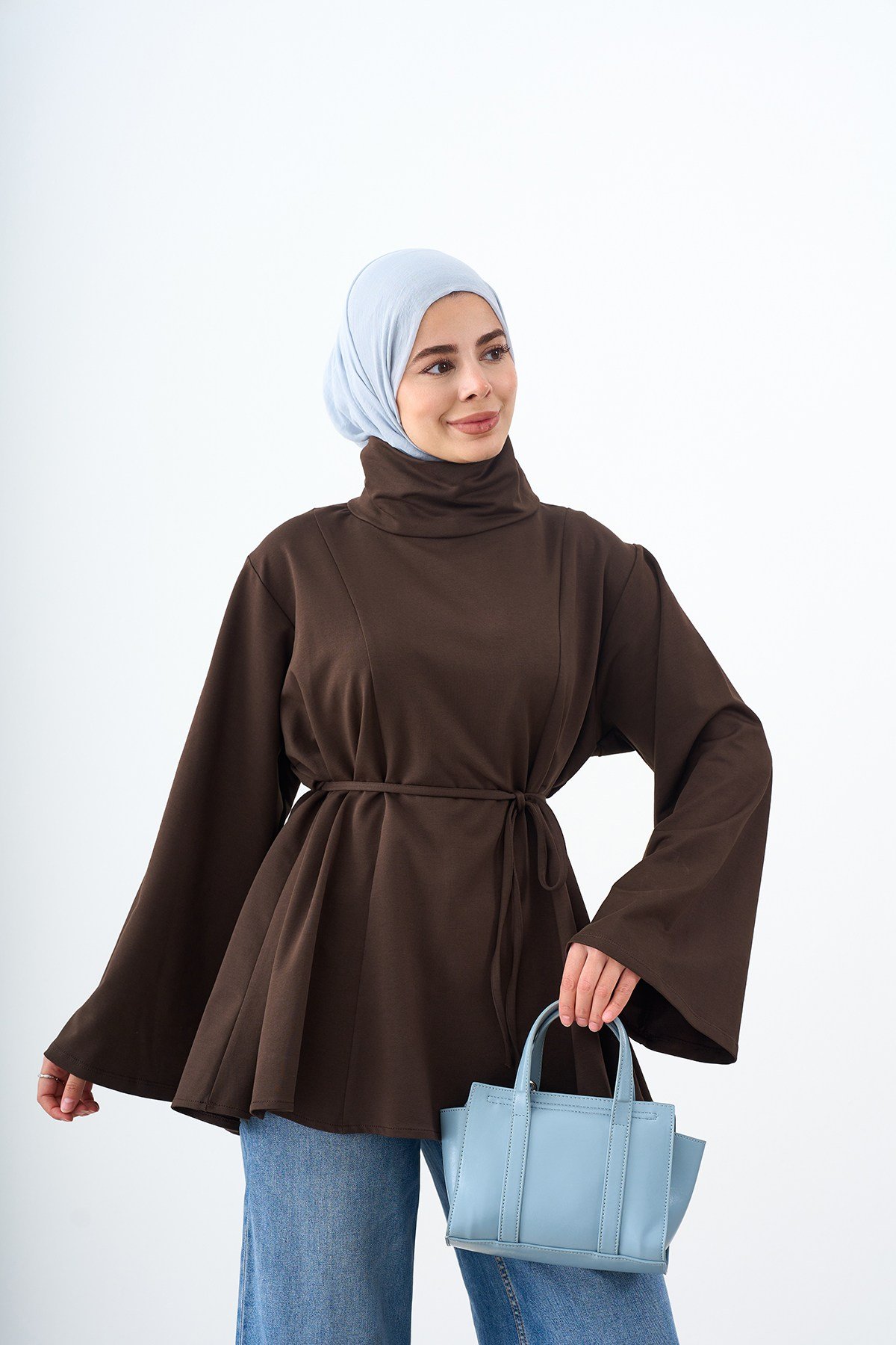 Dik Yaka Biye Detay Tunik Kahverengi