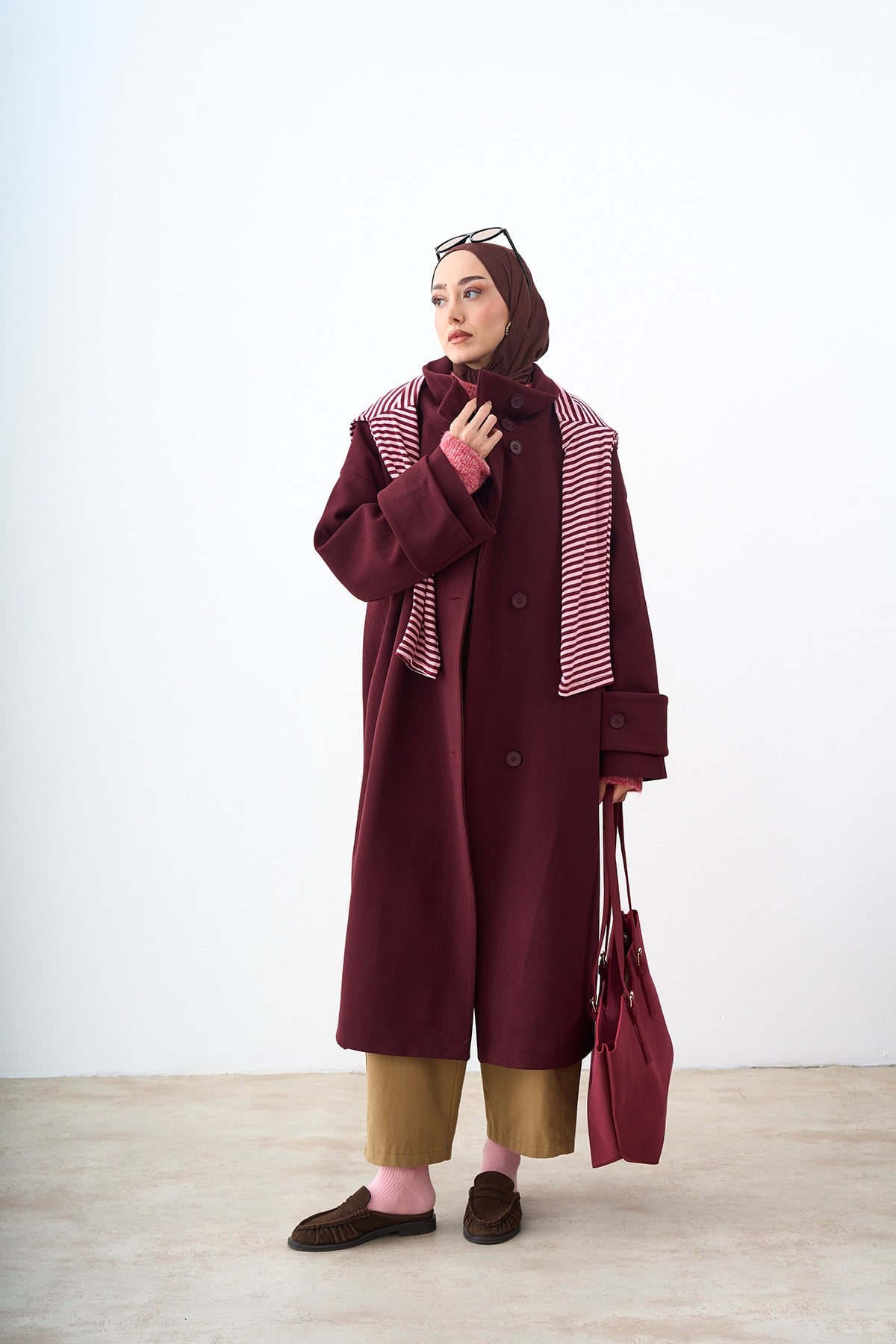 Dik Yaka Kol Düğme Detay İç Astarlı Oversize Kaşe Kaban Bordo