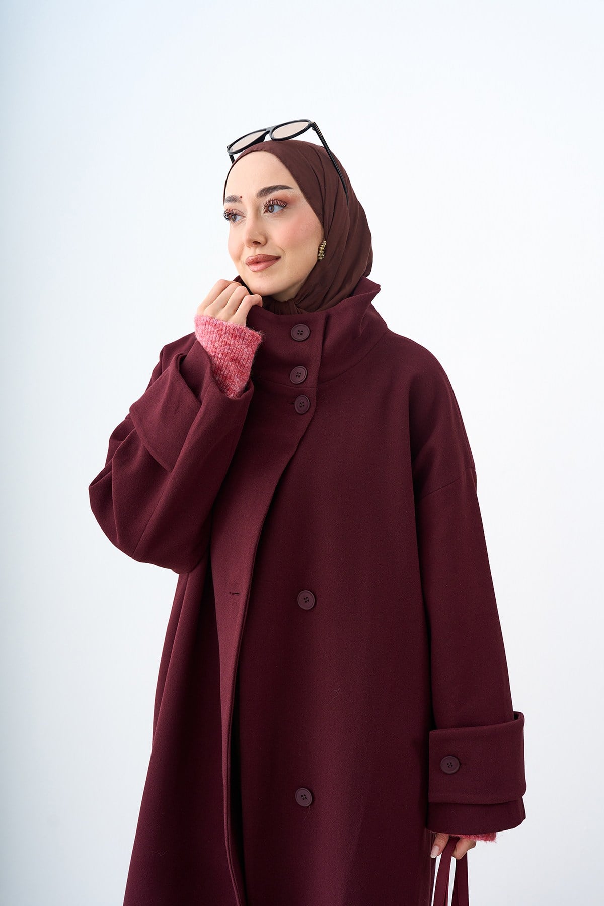 Dik Yaka Kol Düğme Detay İç Astarlı Oversize Kaşe Kaban Bordo