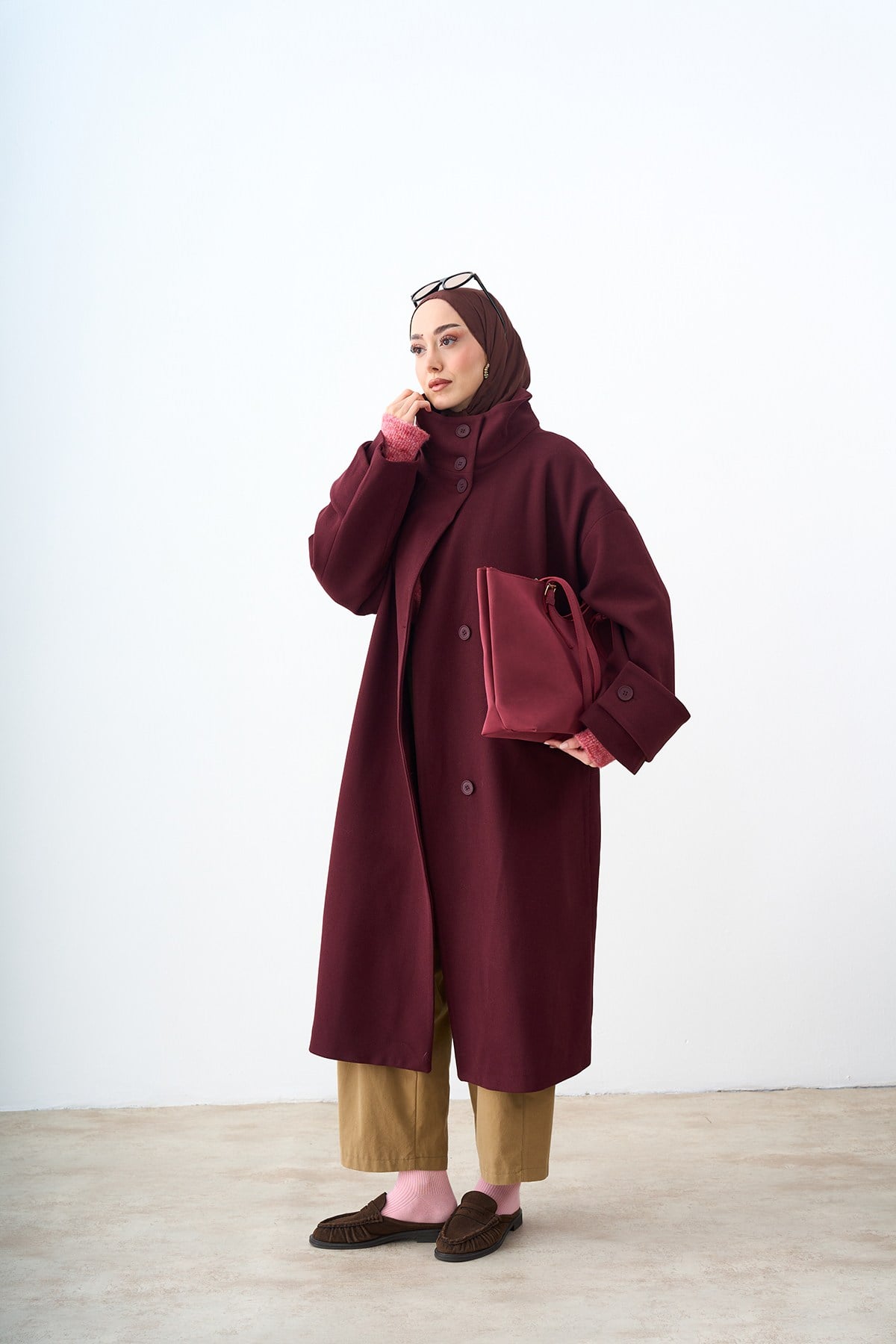 Dik Yaka Kol Düğme Detay İç Astarlı Oversize Kaşe Kaban Bordo