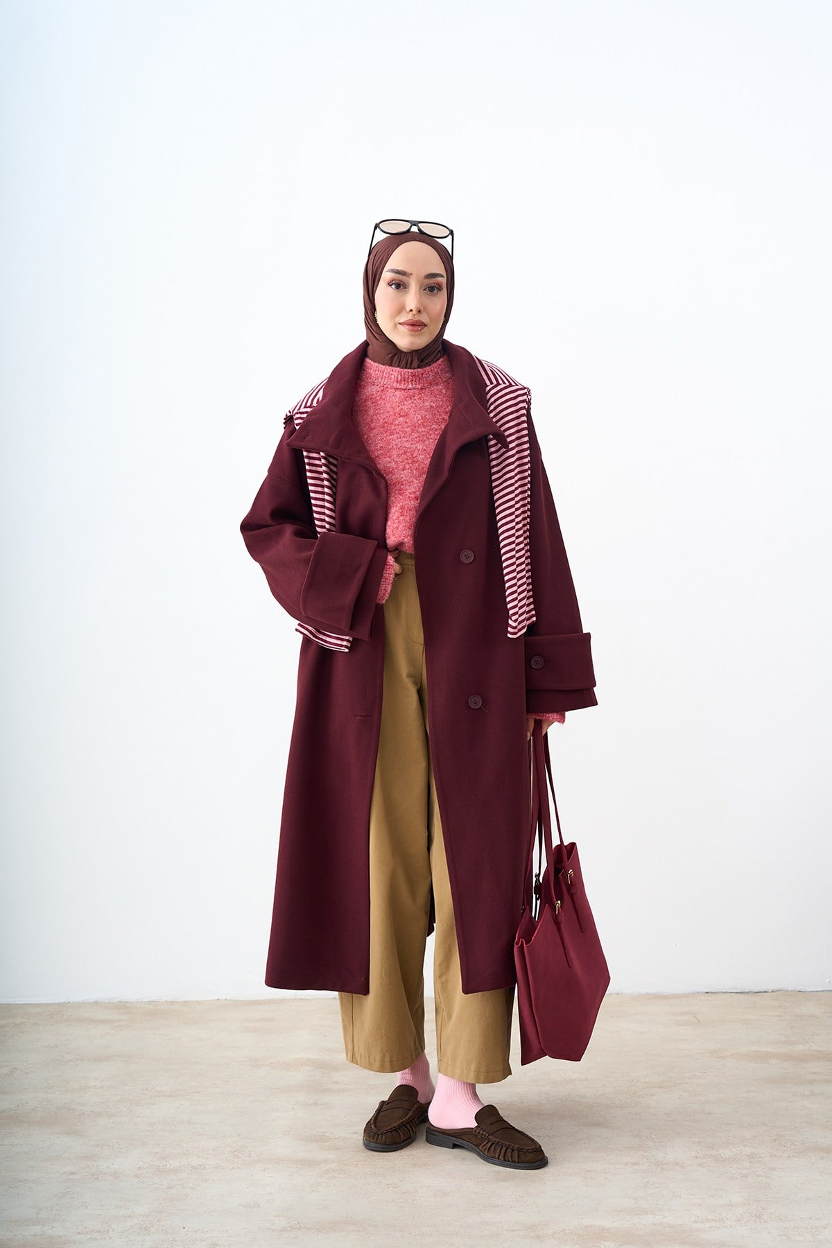 Dik Yaka Kol Düğme Detay İç Astarlı Oversize Kaşe Kaban Bordo
