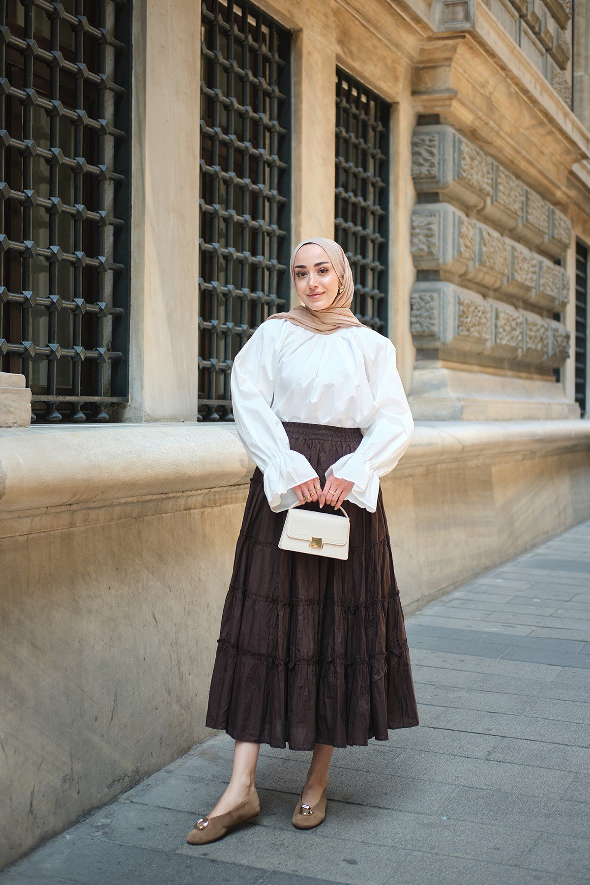 Dikiş Detay Beli Lastikli Etek Kahverengi