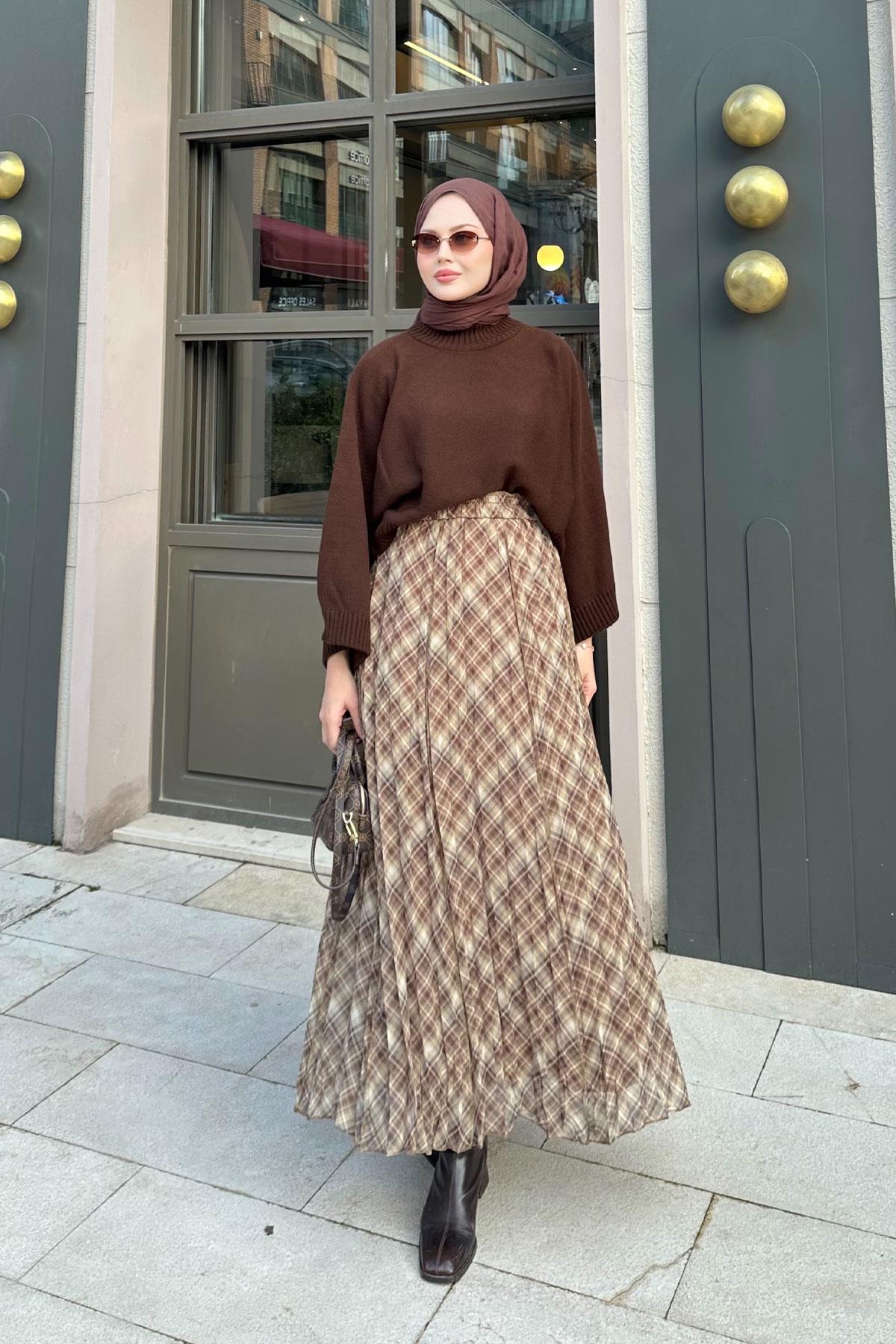 Dikiş Detay Etnik Desen Beli Lastikli Şifon Etek Yağ Yeşil