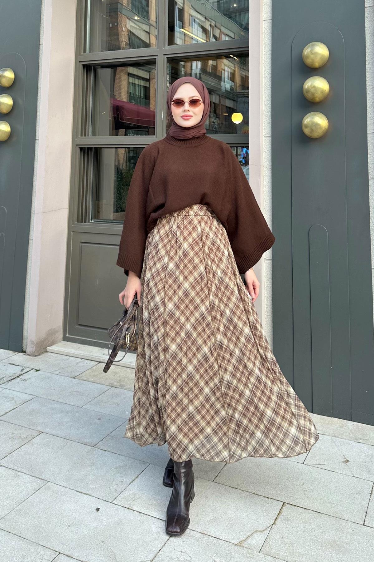 Dikiş Detay Etnik Desen Beli Lastikli Şifon Etek Kahverengi