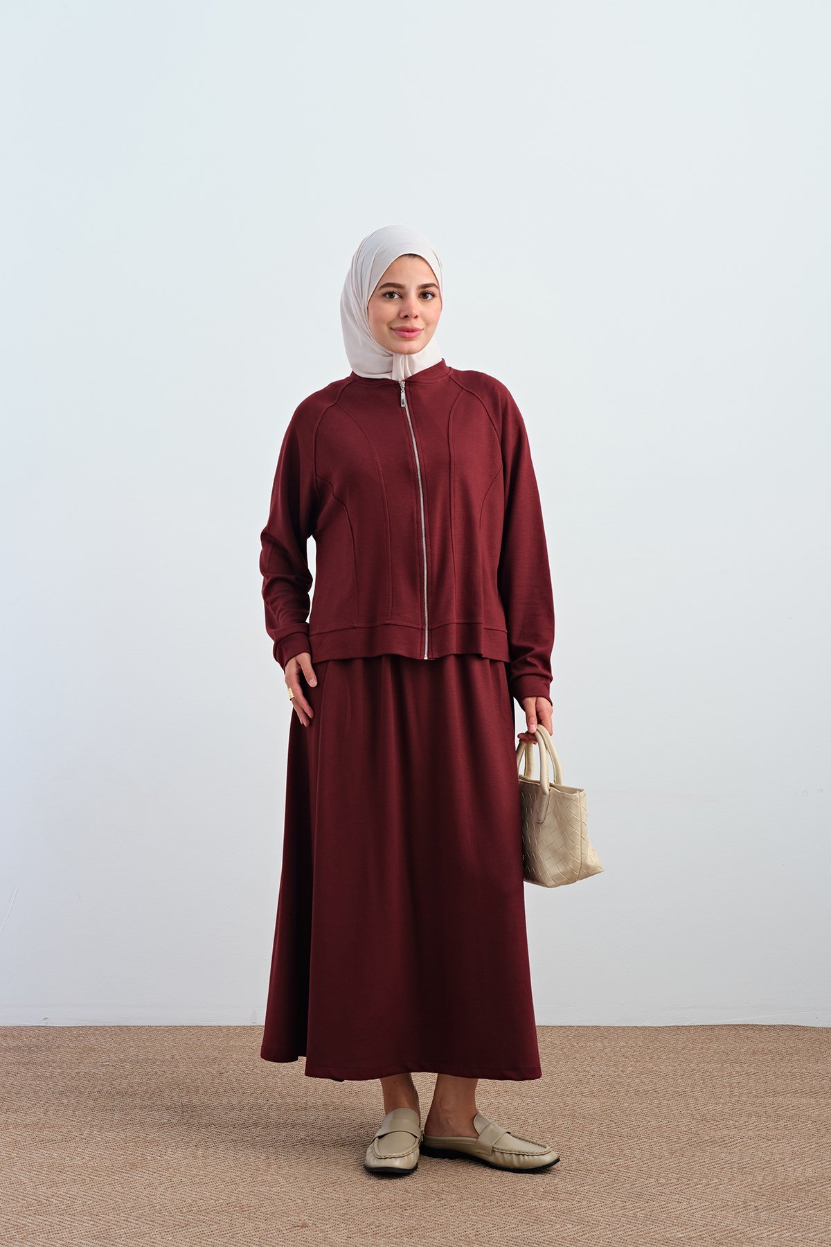 Dikiş Detay Fermuarlı Etekli Takım Bordo