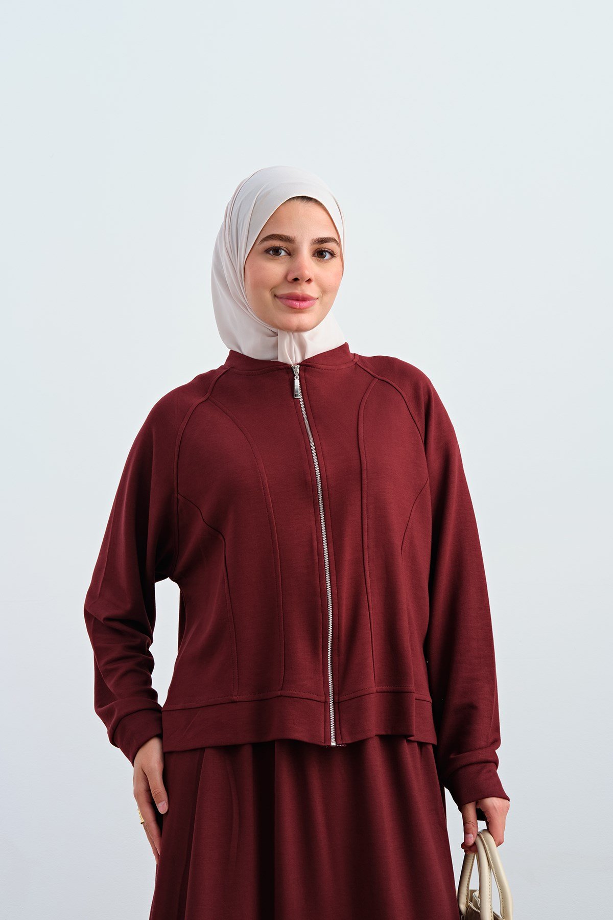 Dikiş Detay Fermuarlı Etekli Takım Bordo