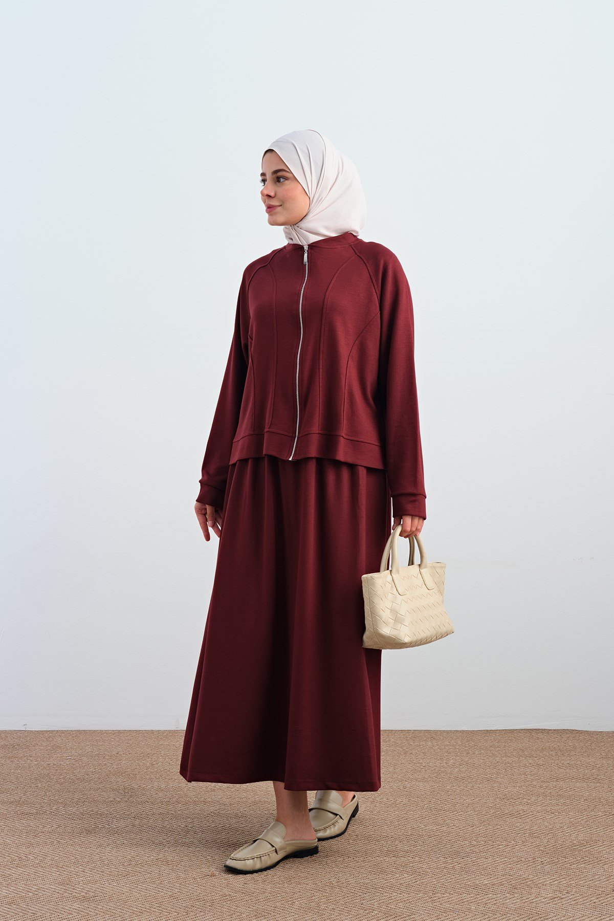 Dikiş Detay Fermuarlı Etekli Takım Bordo