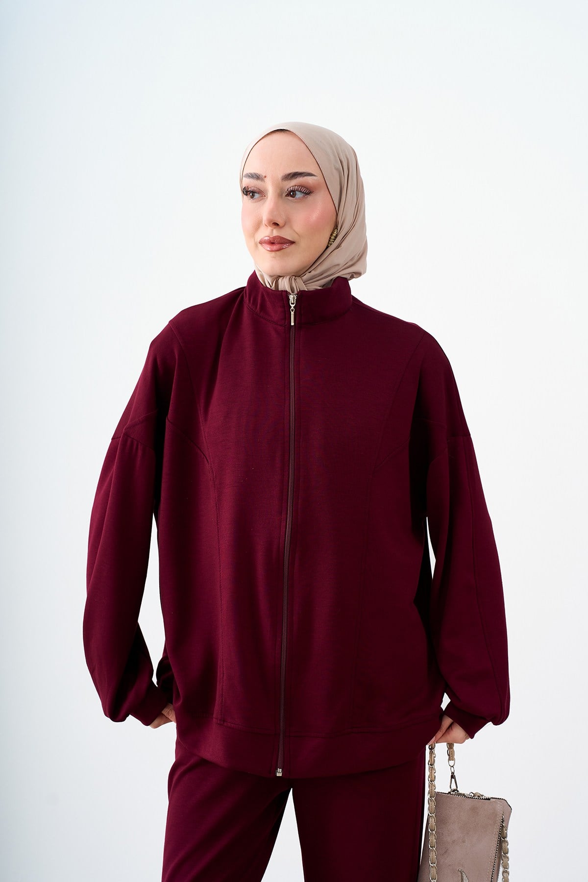 Dikiş Detay Pantolonlu Ceketli Takım Bordo