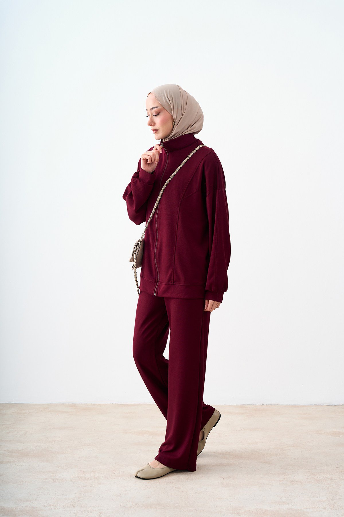 Dikiş Detay Pantolonlu Ceketli Takım Bordo