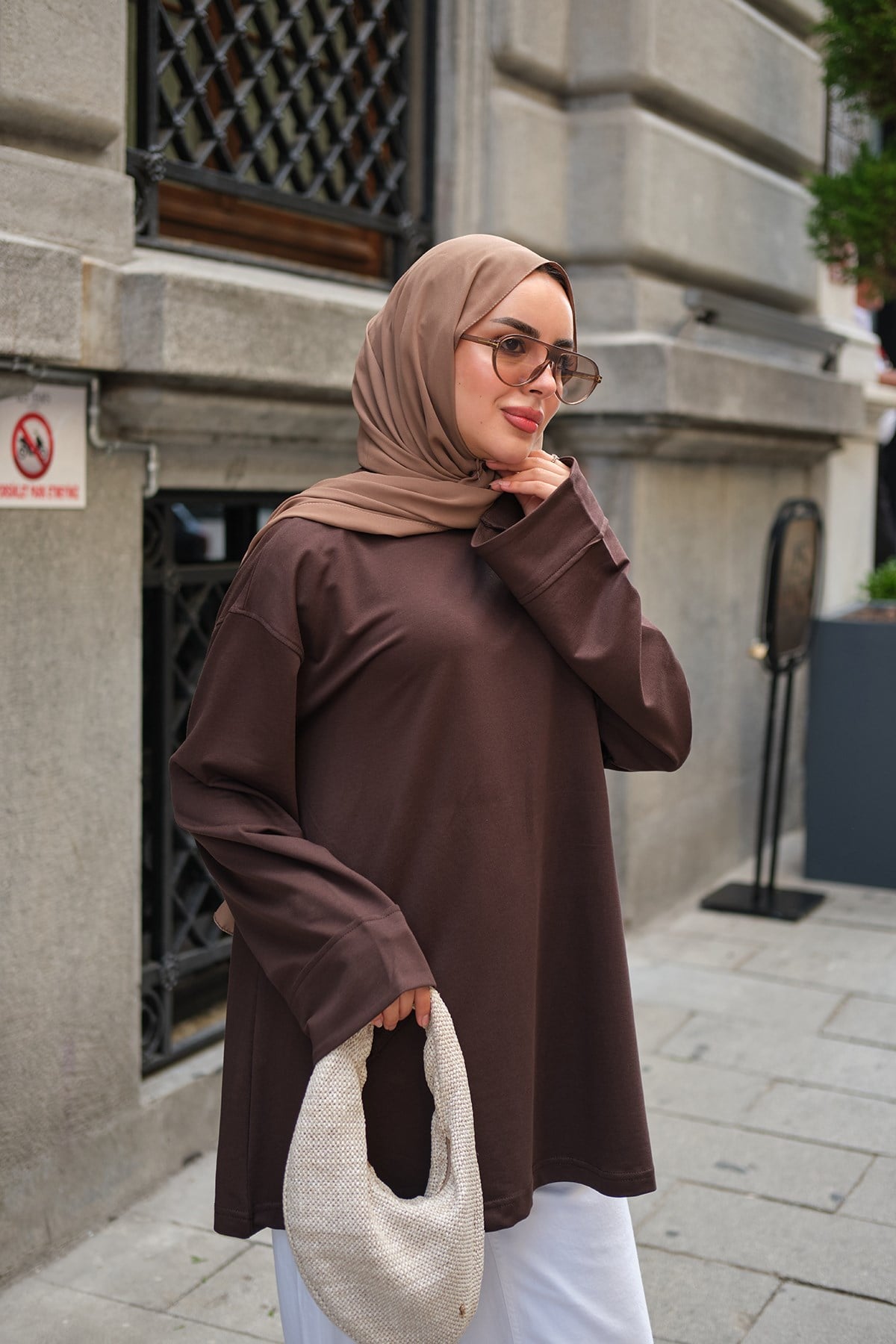 Dikiş Detaylı Basıc Sweat Acı Kahve