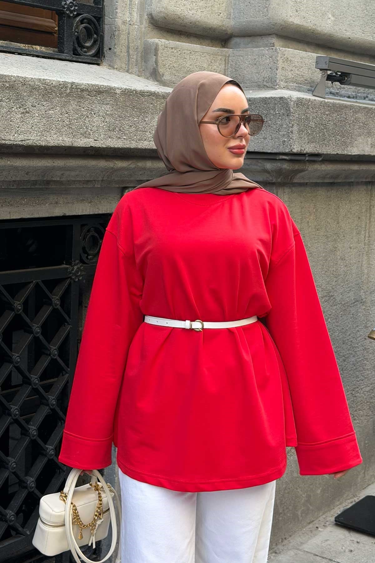Dikiş Detaylı Basıc Sweat Kırmızı