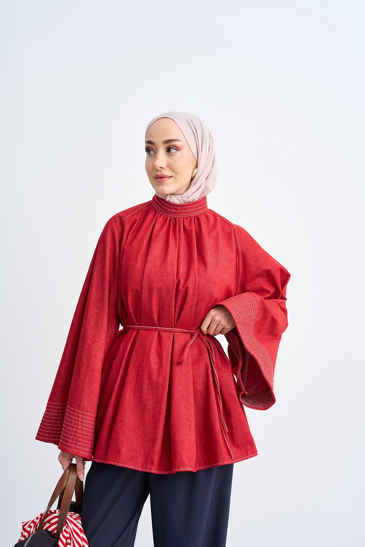 Dikiş Detaylı Bel Bağlamalı İnce Kot Bluz Kırmızı