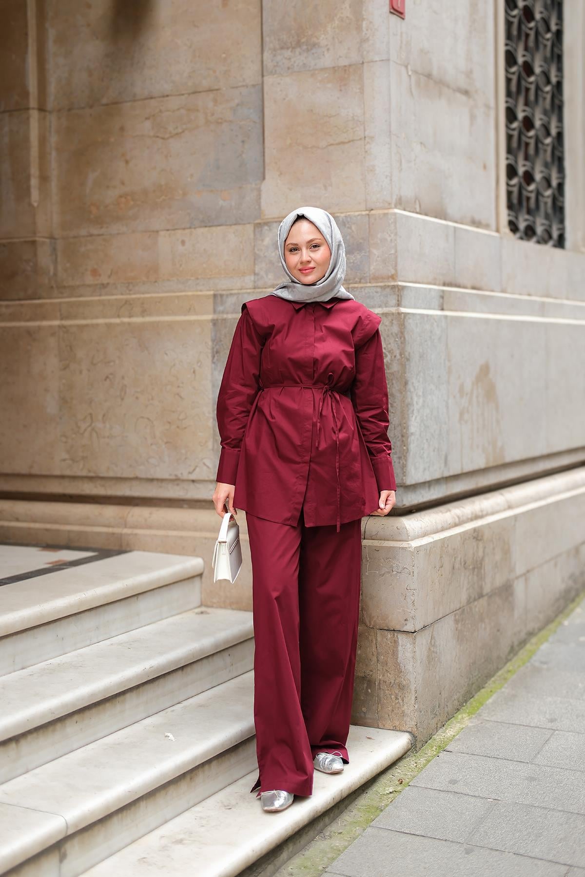 Dış Vatka Detaylı Şık Takım Bordo