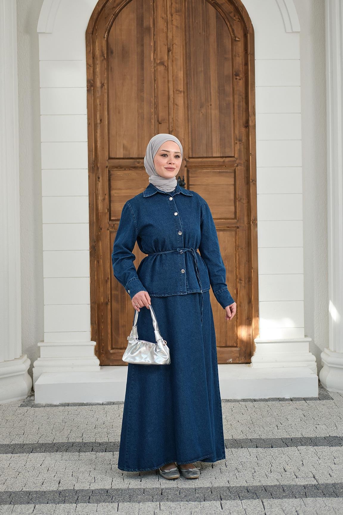 Düğmeli Bel Bağlamalı Kot Takım Lacivert