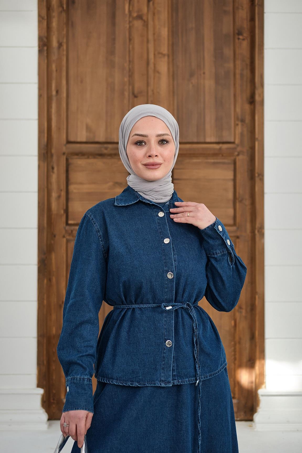Düğmeli Bel Bağlamalı Kot Takım Lacivert