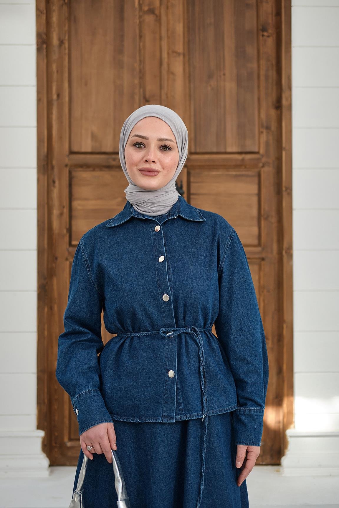 Düğmeli Bel Bağlamalı Kot Takım Lacivert