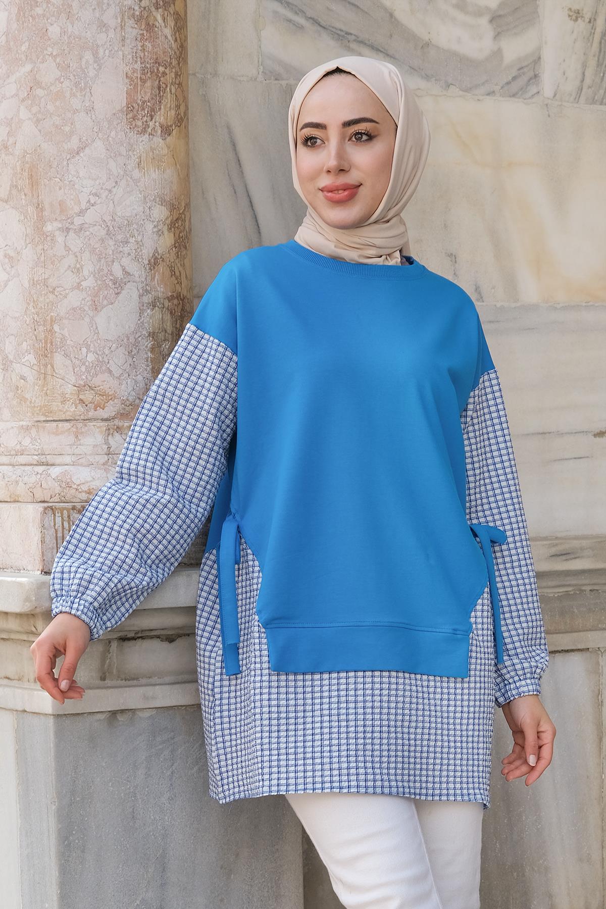 Ekose Garnili Yandan Bağlamalı Tunik  Mavi