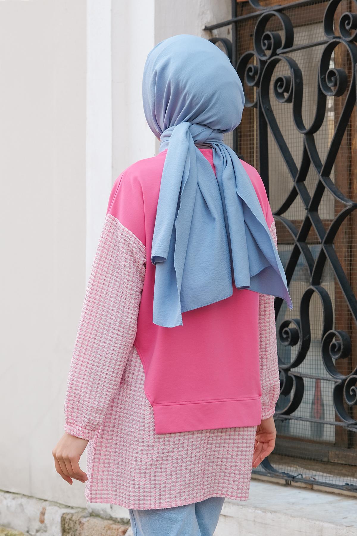 Ekose Garnili Yandan Bağlamalı Tunik  Pembe