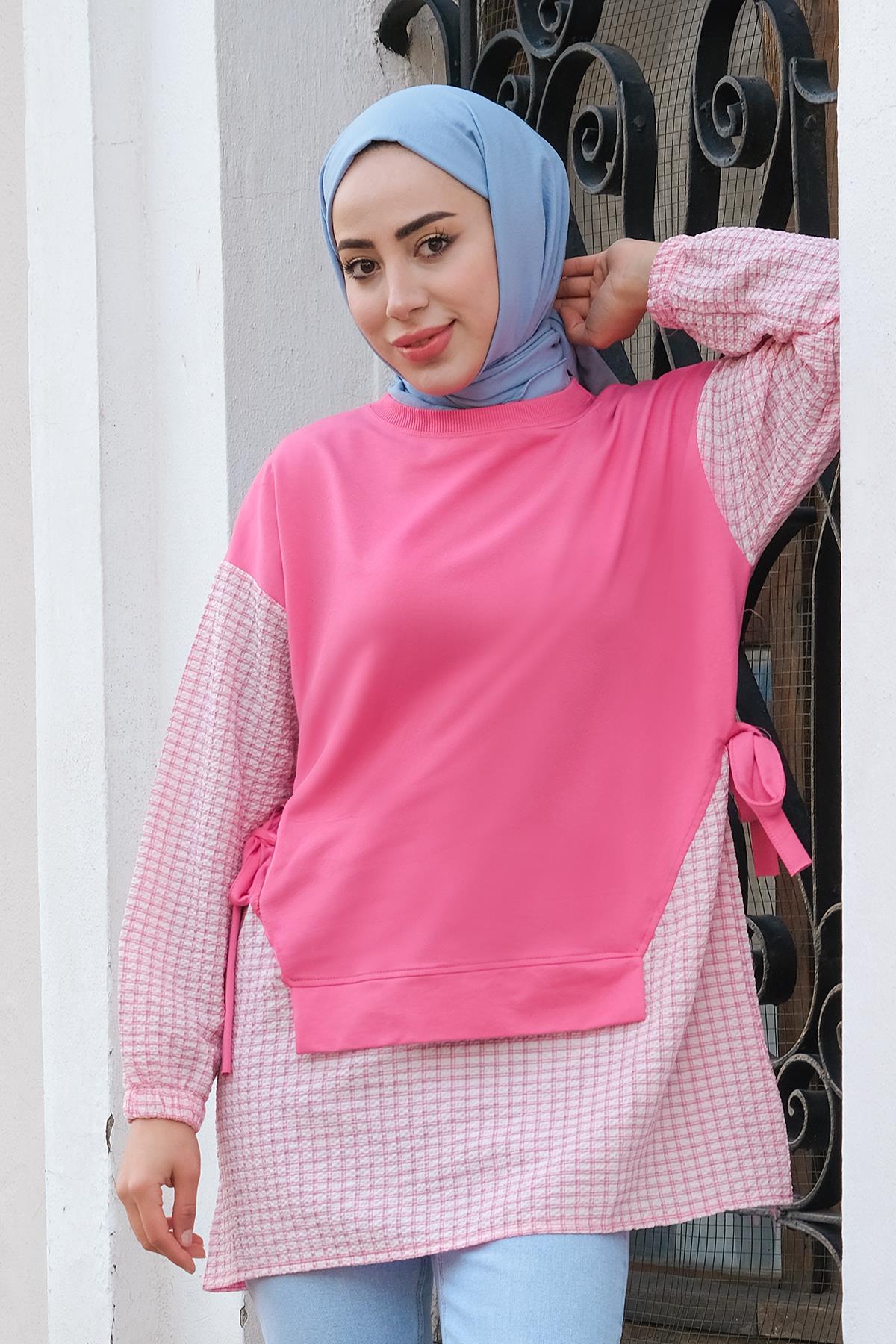 Ekose Garnili Yandan Bağlamalı Tunik  Pembe