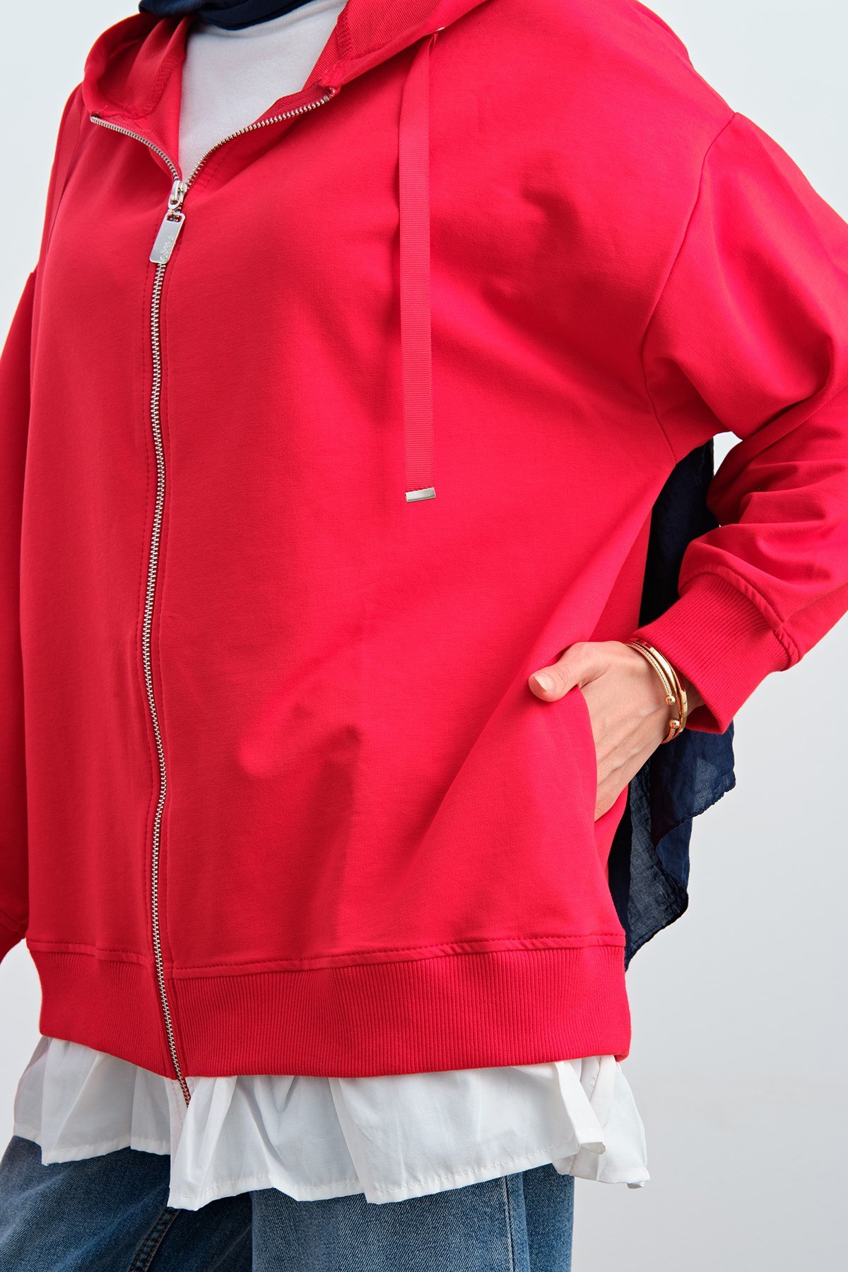 Etek Ve Fırfır Detay Çift Renk Sweatshirt Kırmızı