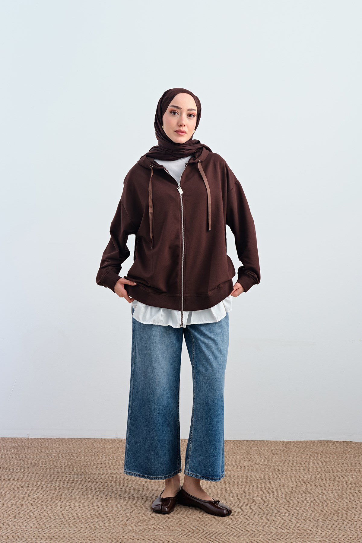 Etek Ve Fırfır Detay Çift Renk Sweatshirt Kahverengi