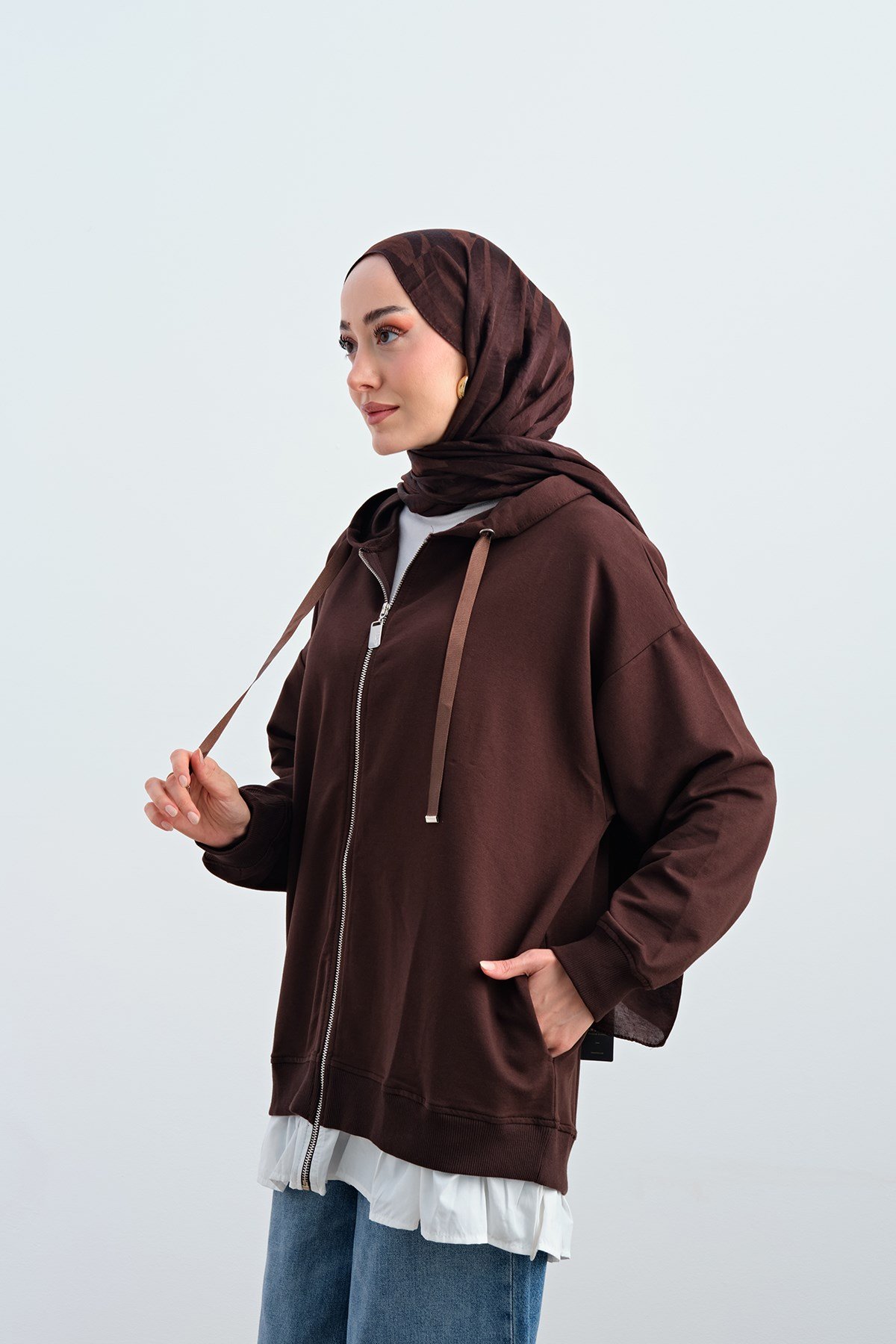 Etek Ve Fırfır Detay Çift Renk Sweatshirt Kahverengi