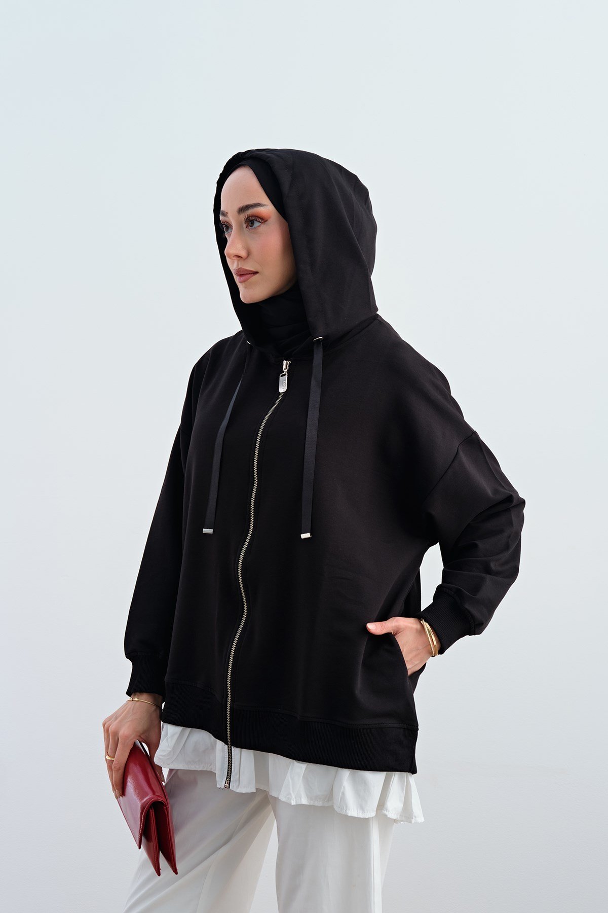 Etek Ve Fırfır Detay Çift Renk Sweatshirt Siyah