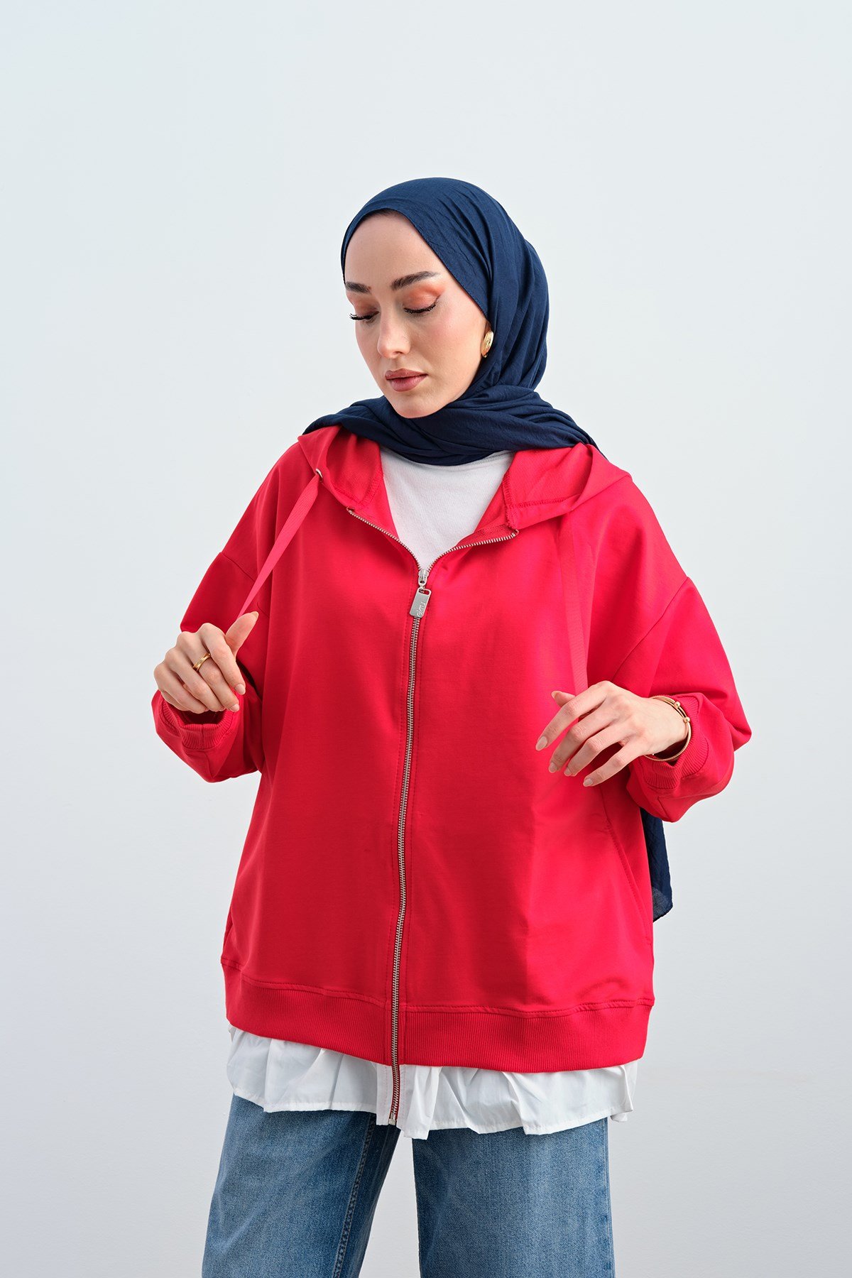 Etek Ve Fırfır Detay Çift Renk Sweatshirt Kırmızı