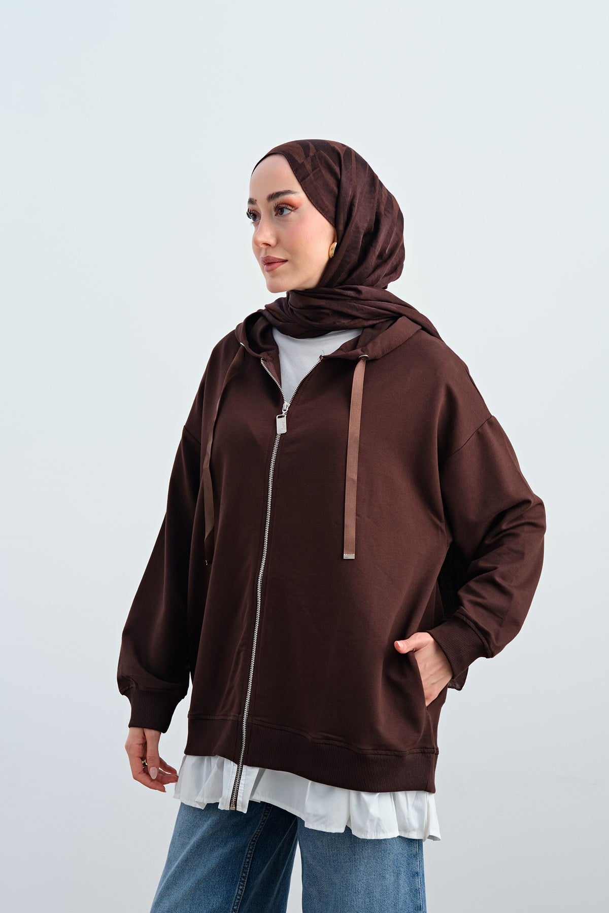 Etek Ve Fırfır Detay Çift Renk Sweatshirt Kahverengi