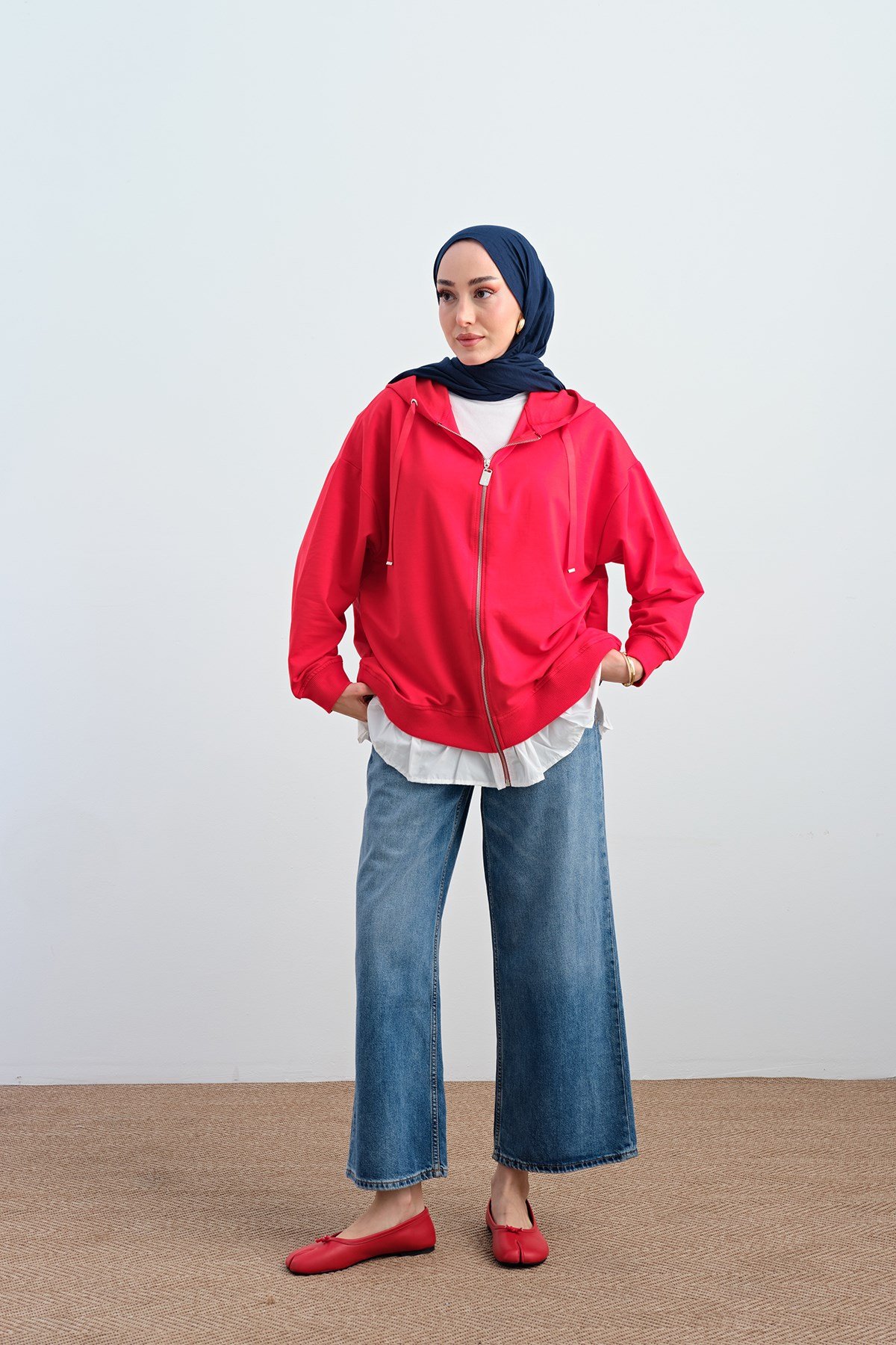 Etek Ve Fırfır Detay Çift Renk Sweatshirt Kırmızı