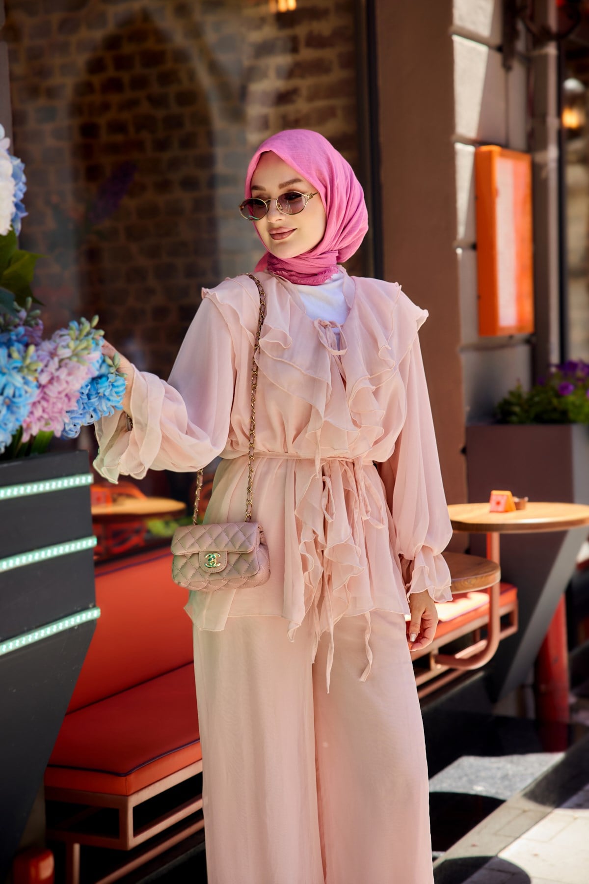 Fırfır Detay Bel Bağlamalı Şifon Takım Pudra
