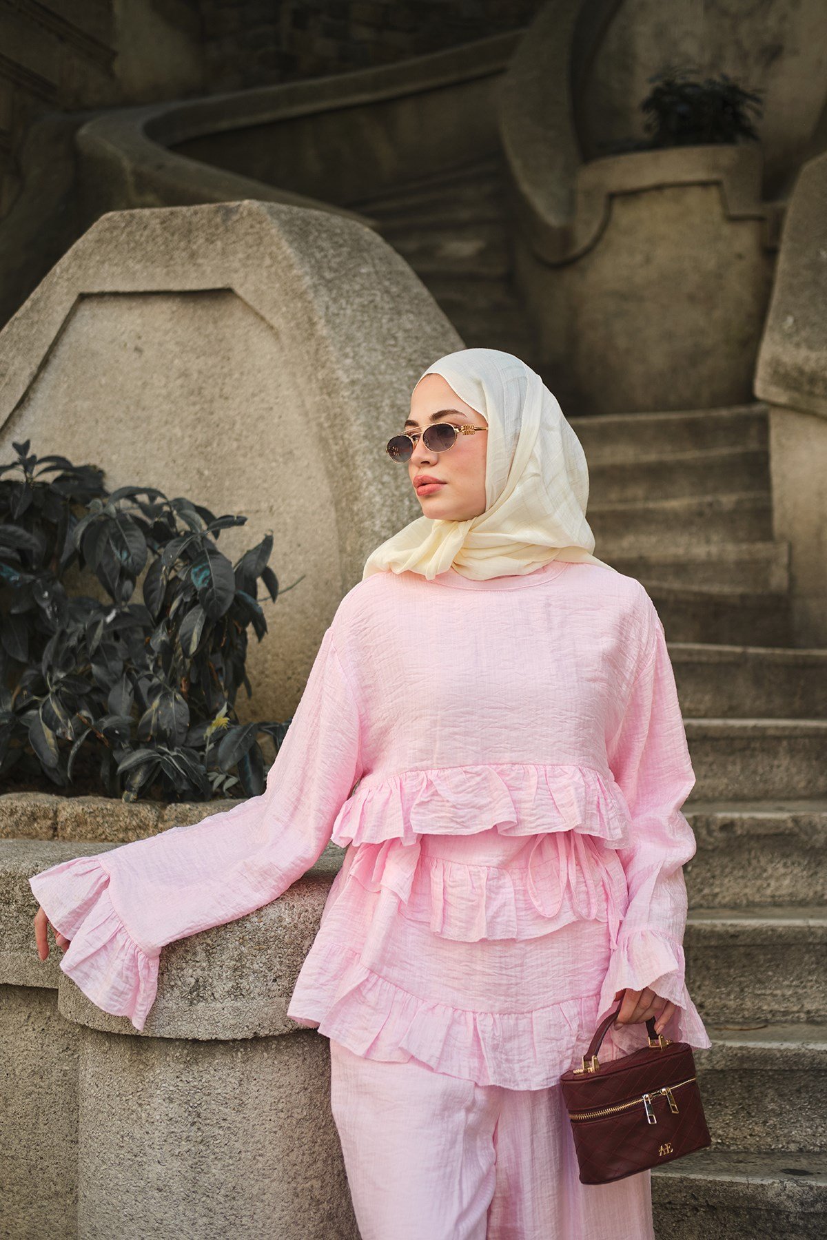 Fırfır Detay Kat Kat Bürümcük İkili Takım Pembe