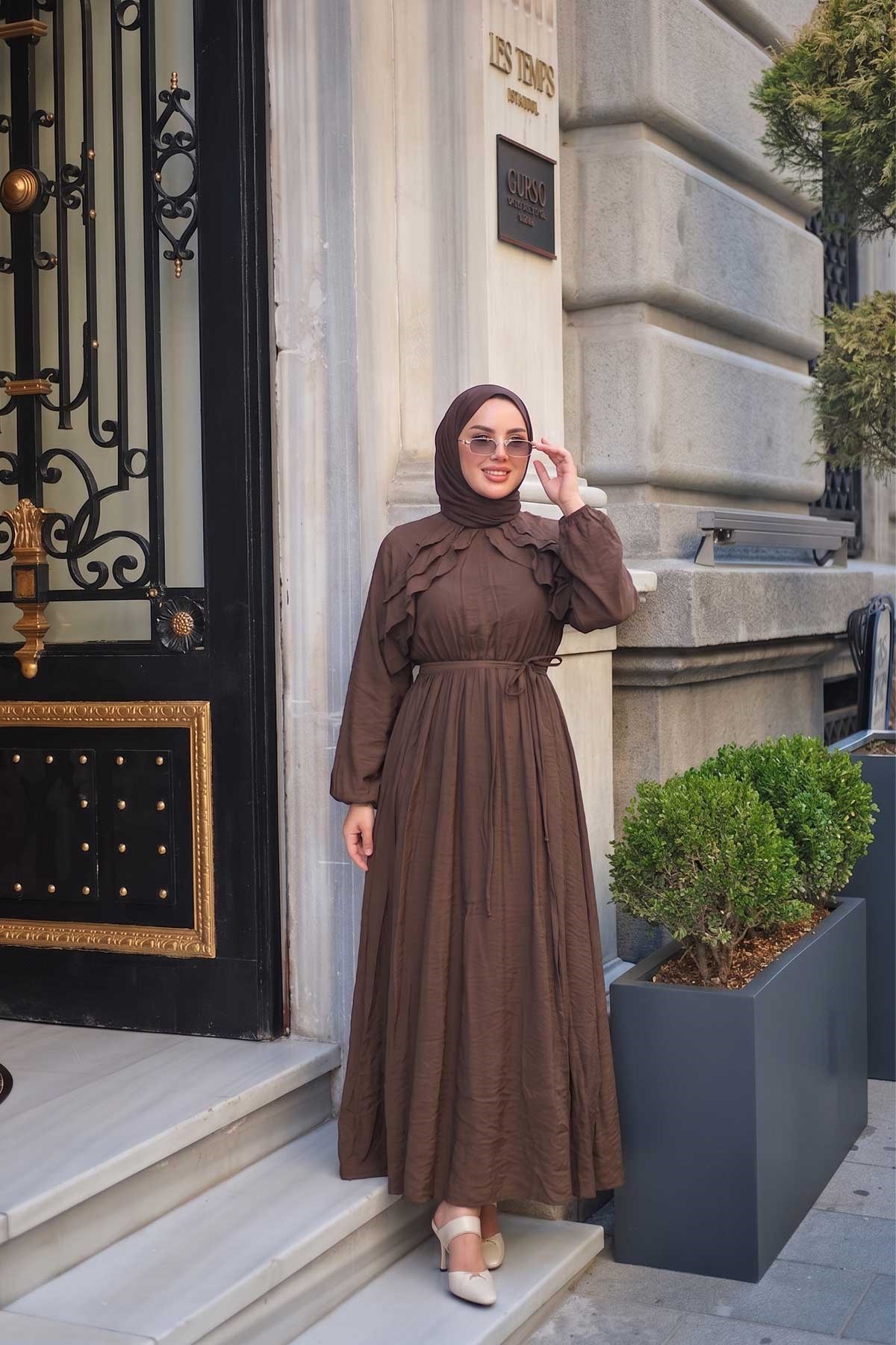 Fırfırlı Tensel Elbise Kahverengi