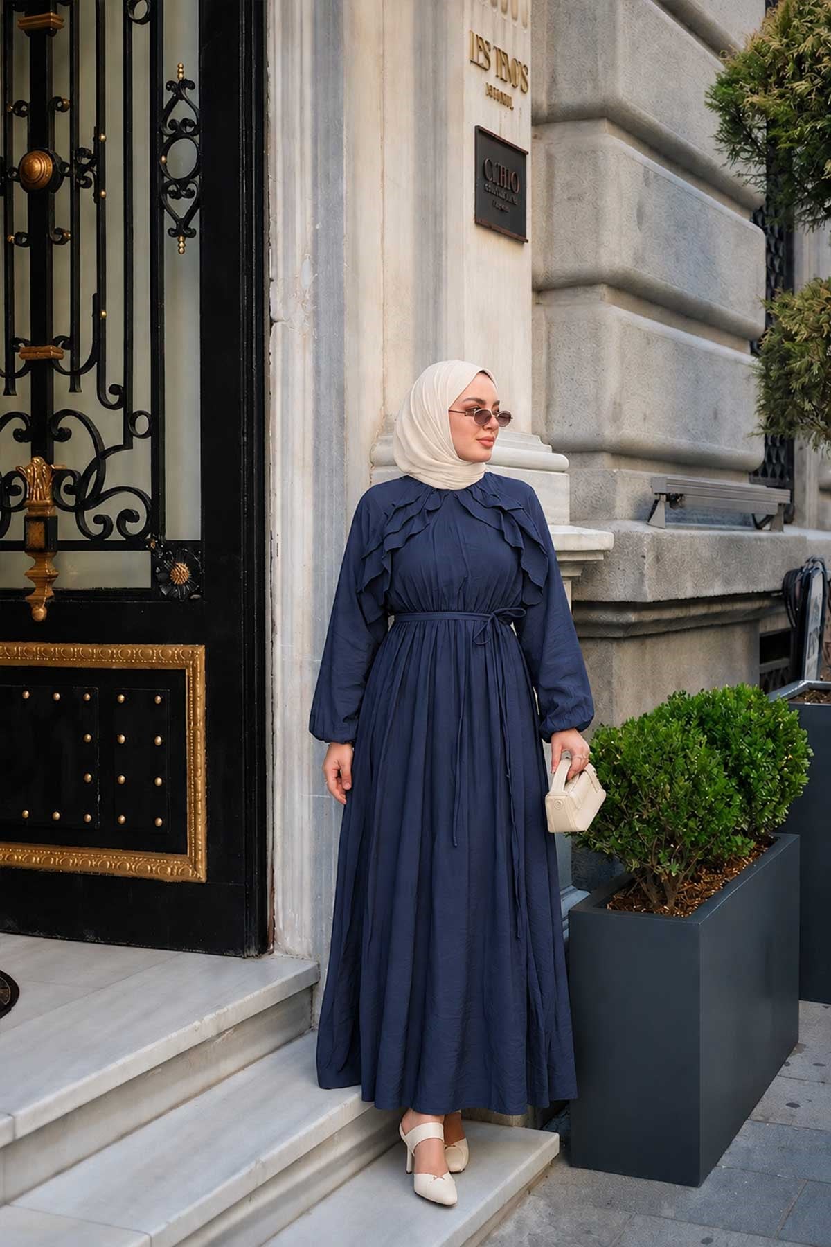 Fırfırlı Tensel Elbise Lacivert