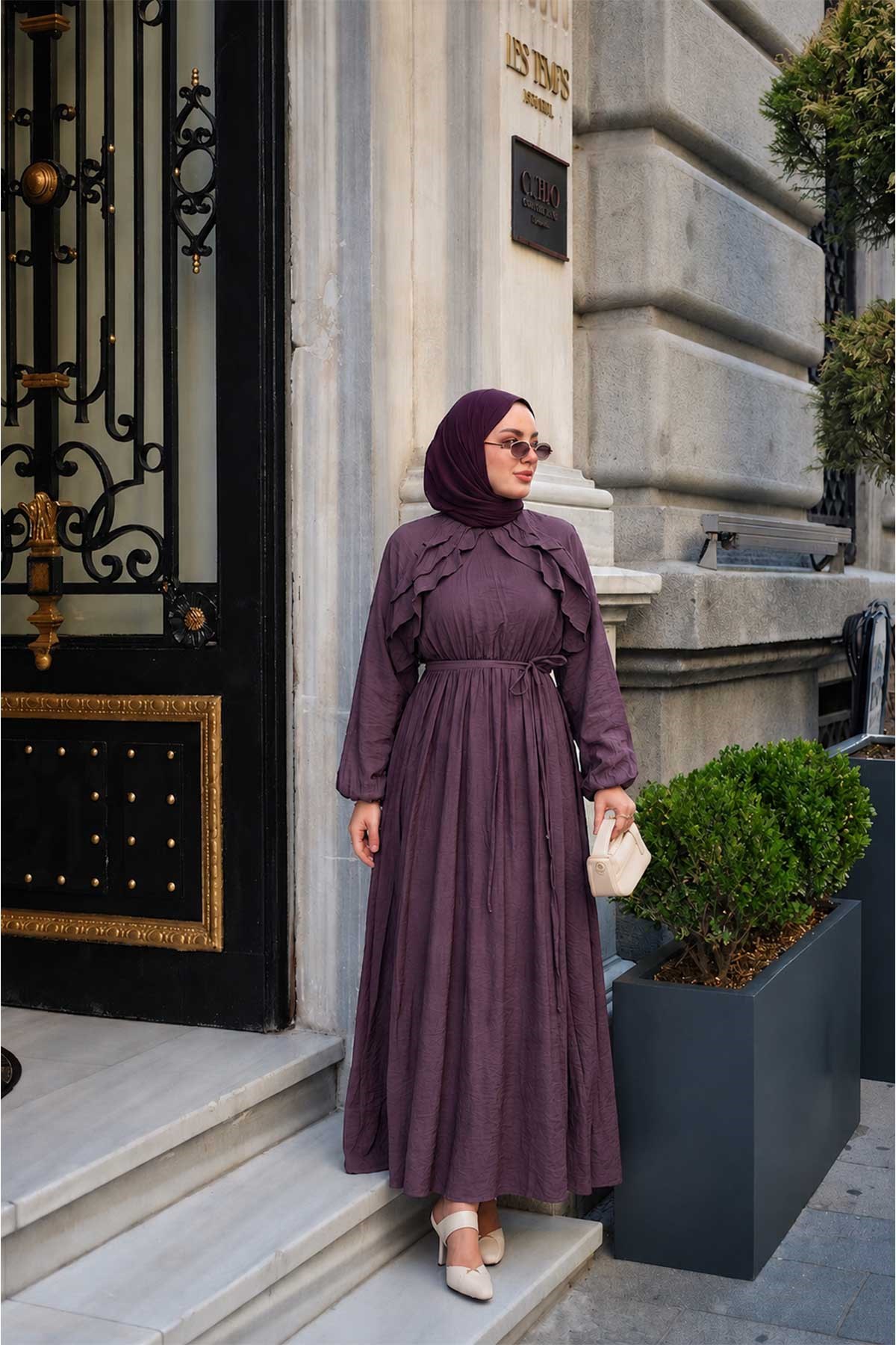 Fırfırlı Tensel Elbise Mürdüm