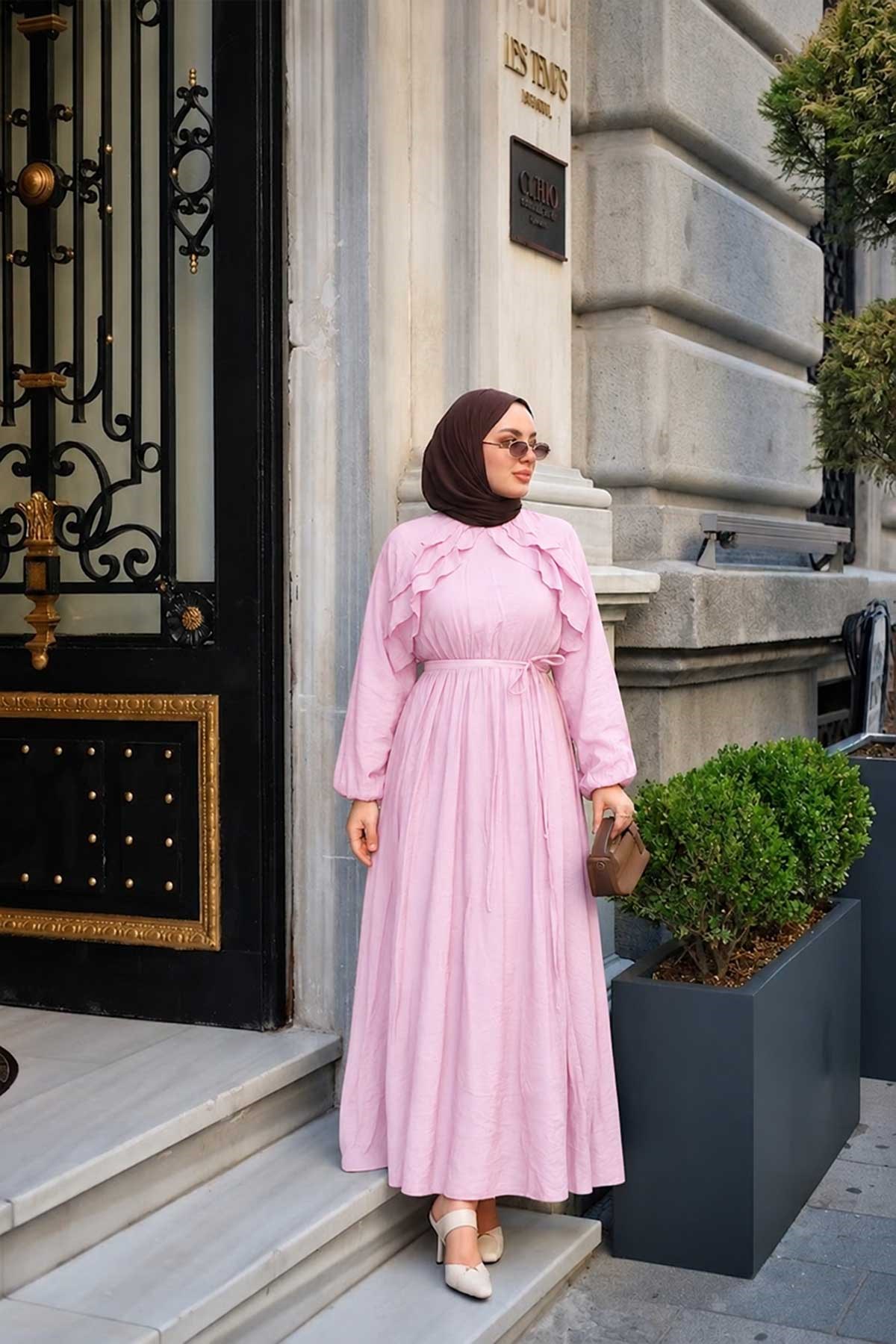 Fırfırlı Tensel Elbise Pembe
