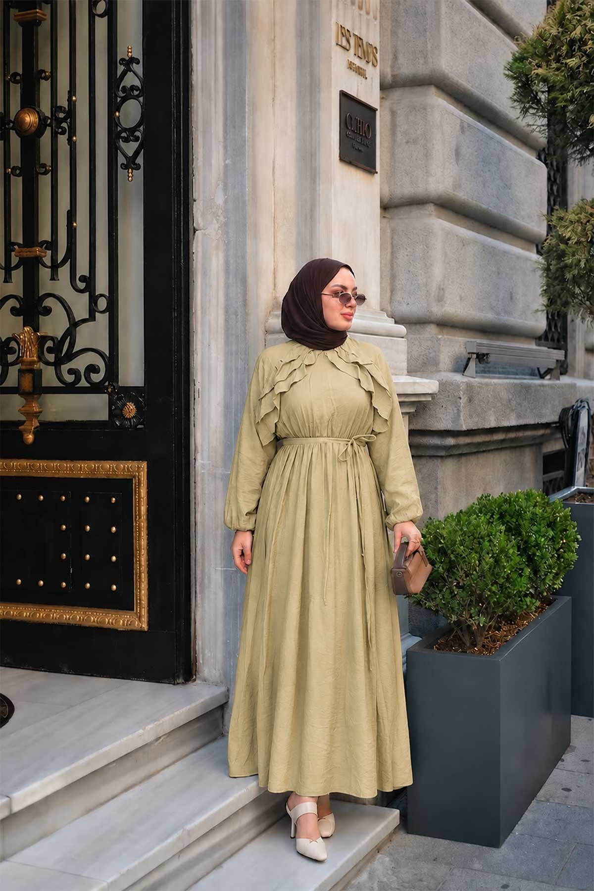 Fırfırlı Tensel Elbise Yağ Yeşil