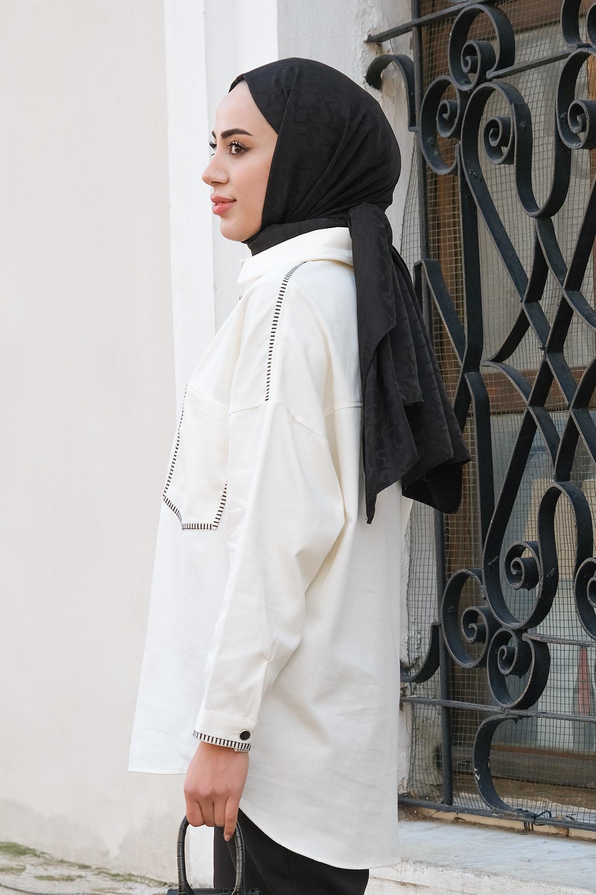 Gabardin Nakışlı Çeket Beyaz