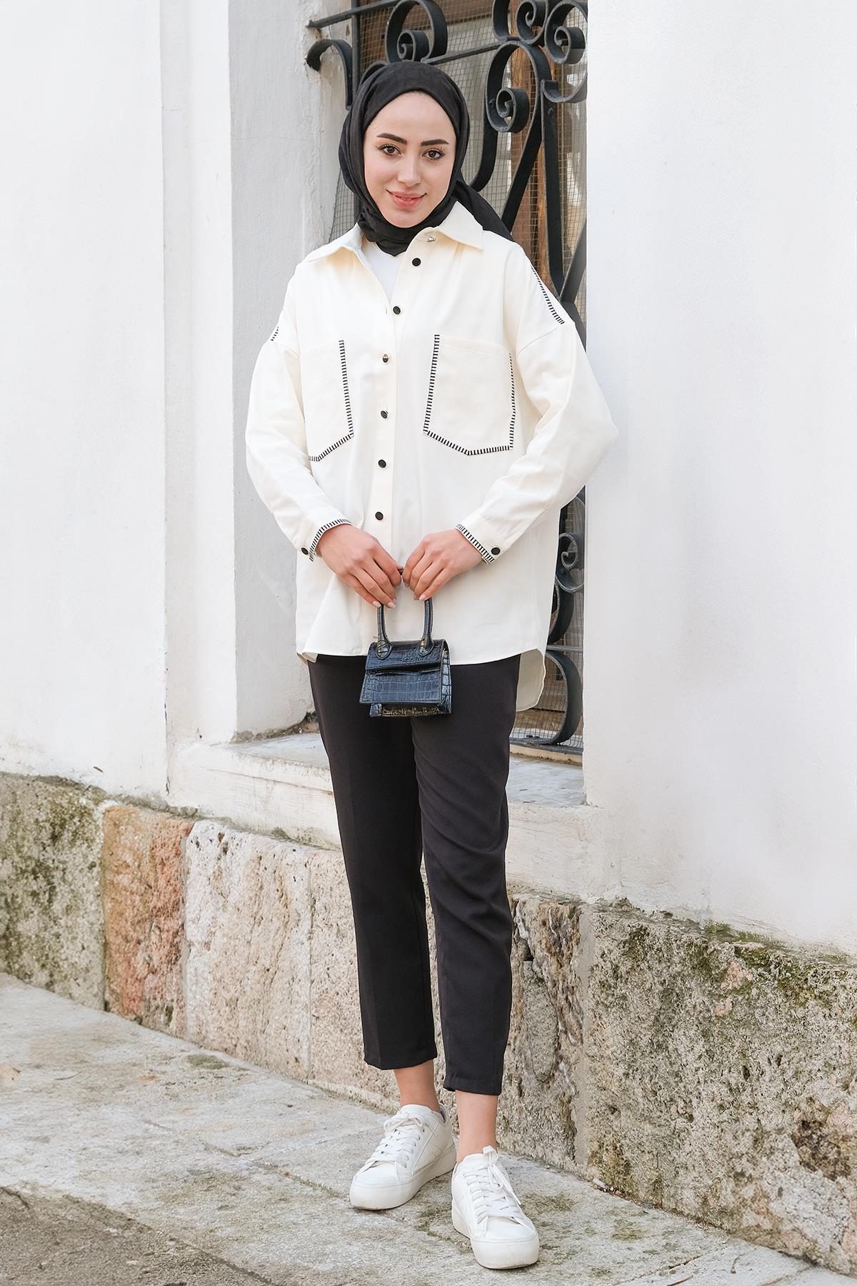 Gabardin Nakışlı Çeket Beyaz