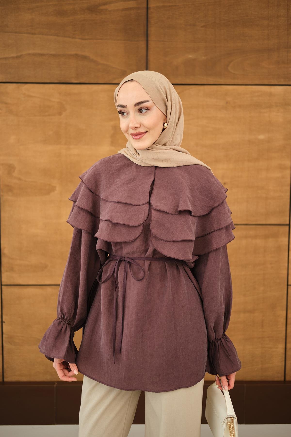 Geniş Katlı Yaka Bel Bağlamalı Tunik Mürdüm