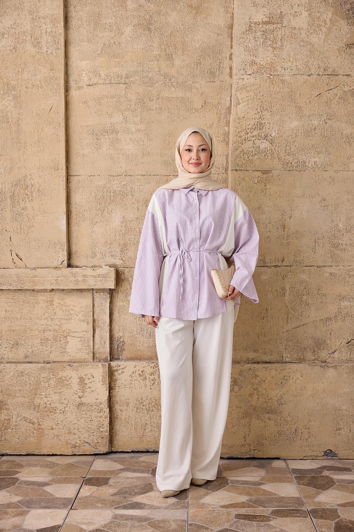 Gizgili Bel Bağlamalı Gömlek Pembe