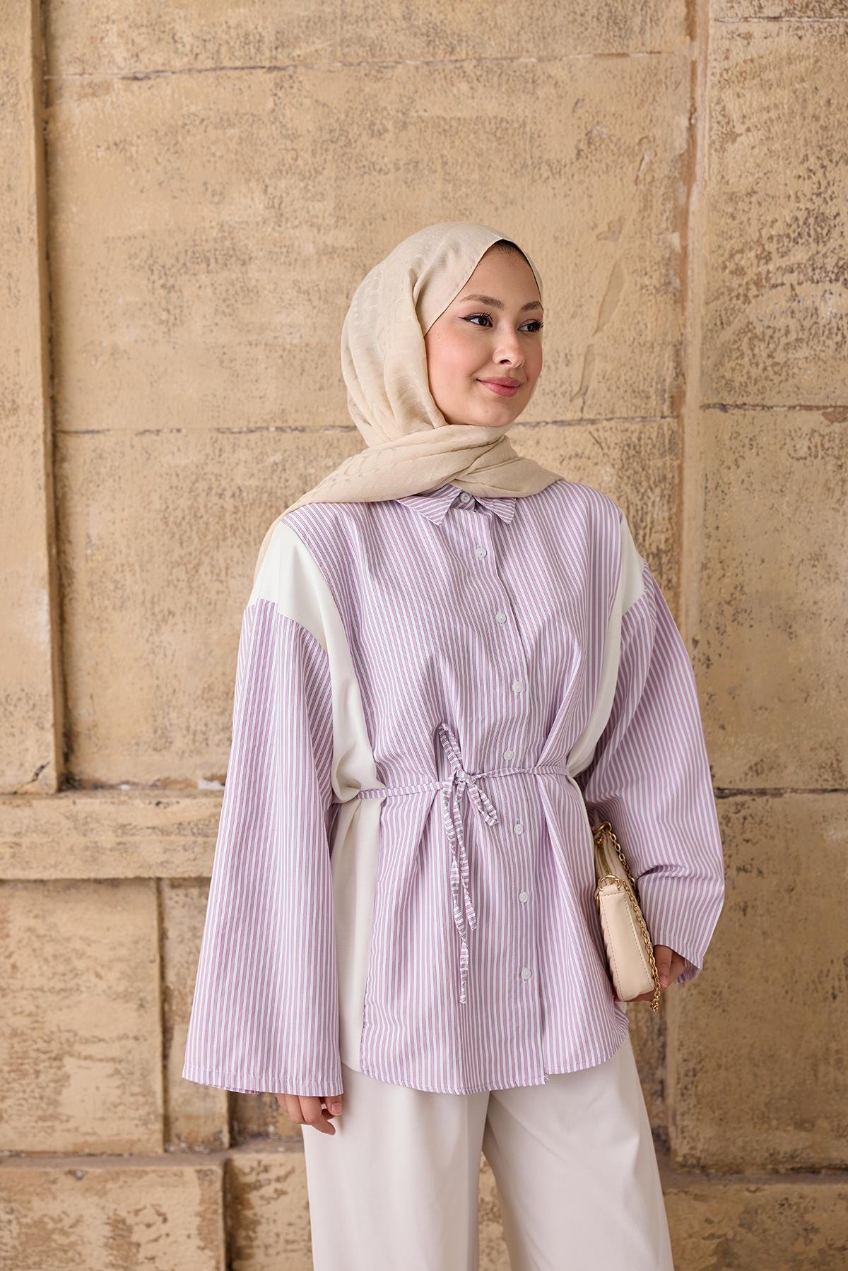Gizgili Bel Bağlamalı Gömlek Pembe